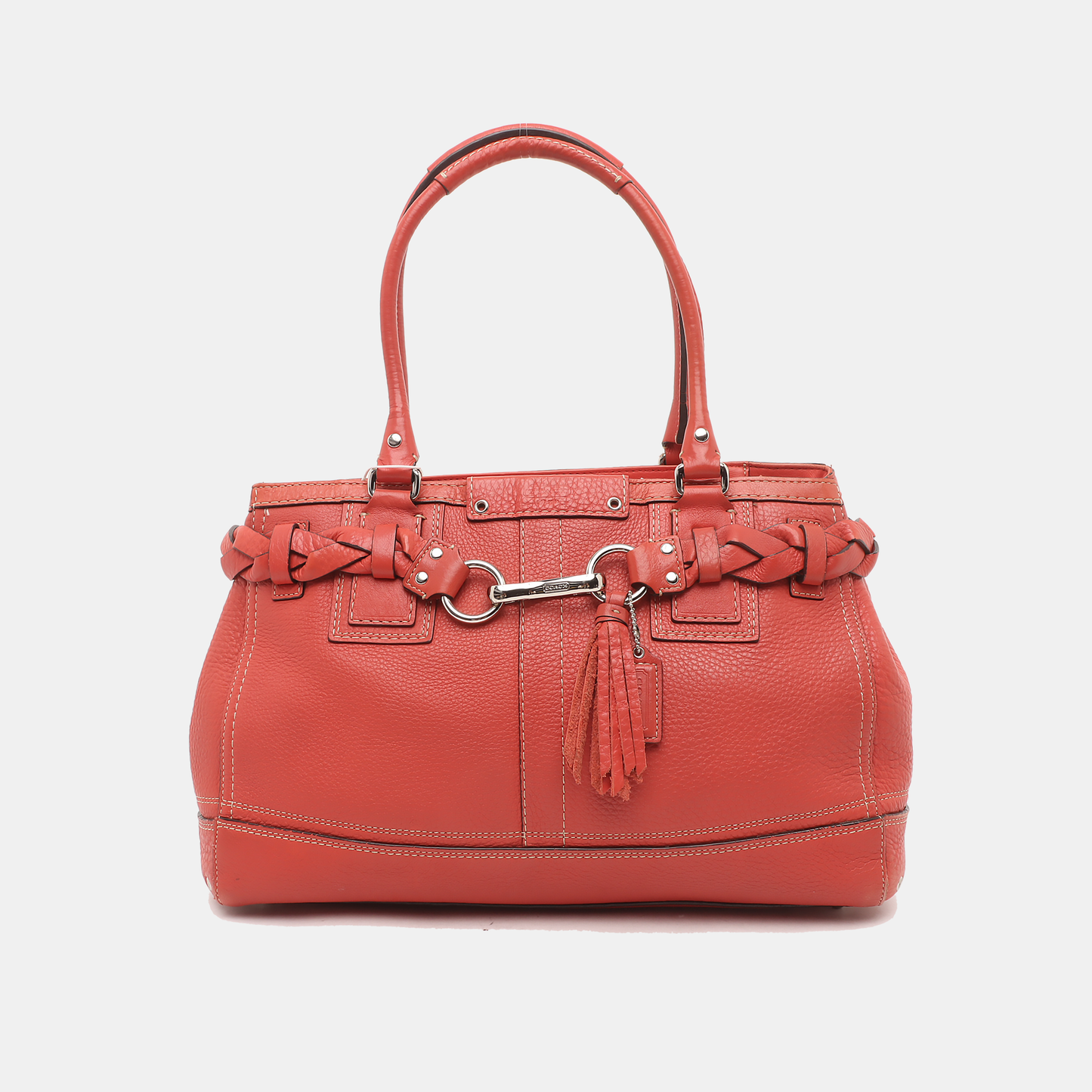 COACH HAMPTON Watermelon Red Calf Leather Fringe Weave Handbag Silver Hardware-(SKU)-928565147