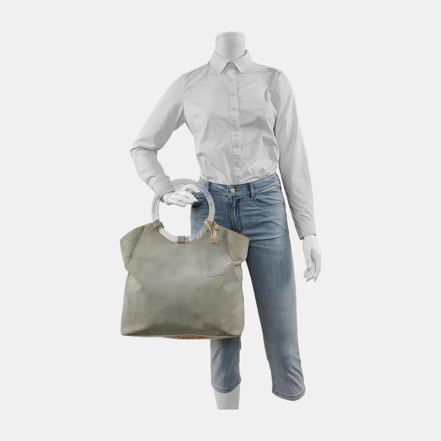 CELINE Light Gray Suede Tote Handbag Silver Hardware-(SKU)-943652504