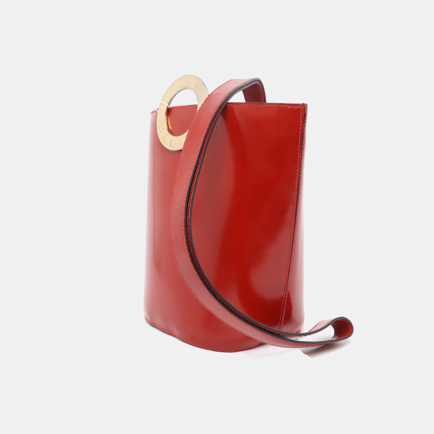 CELINE Bucket bag Red Cowhide Embossed Single Shoulder Bag Golden hardware Vintage model-(SKU)-12936054