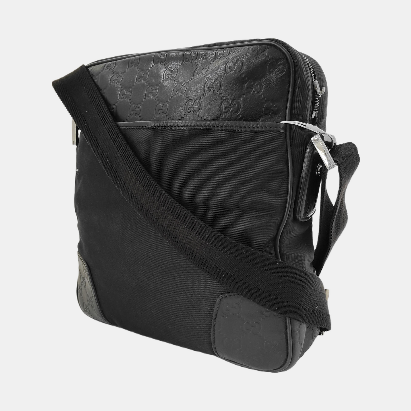 GUCCI Messenger Black Fabric Embossed Shoulder Bag Crossbody Bag Silver Hardware-(SKU)-945046020