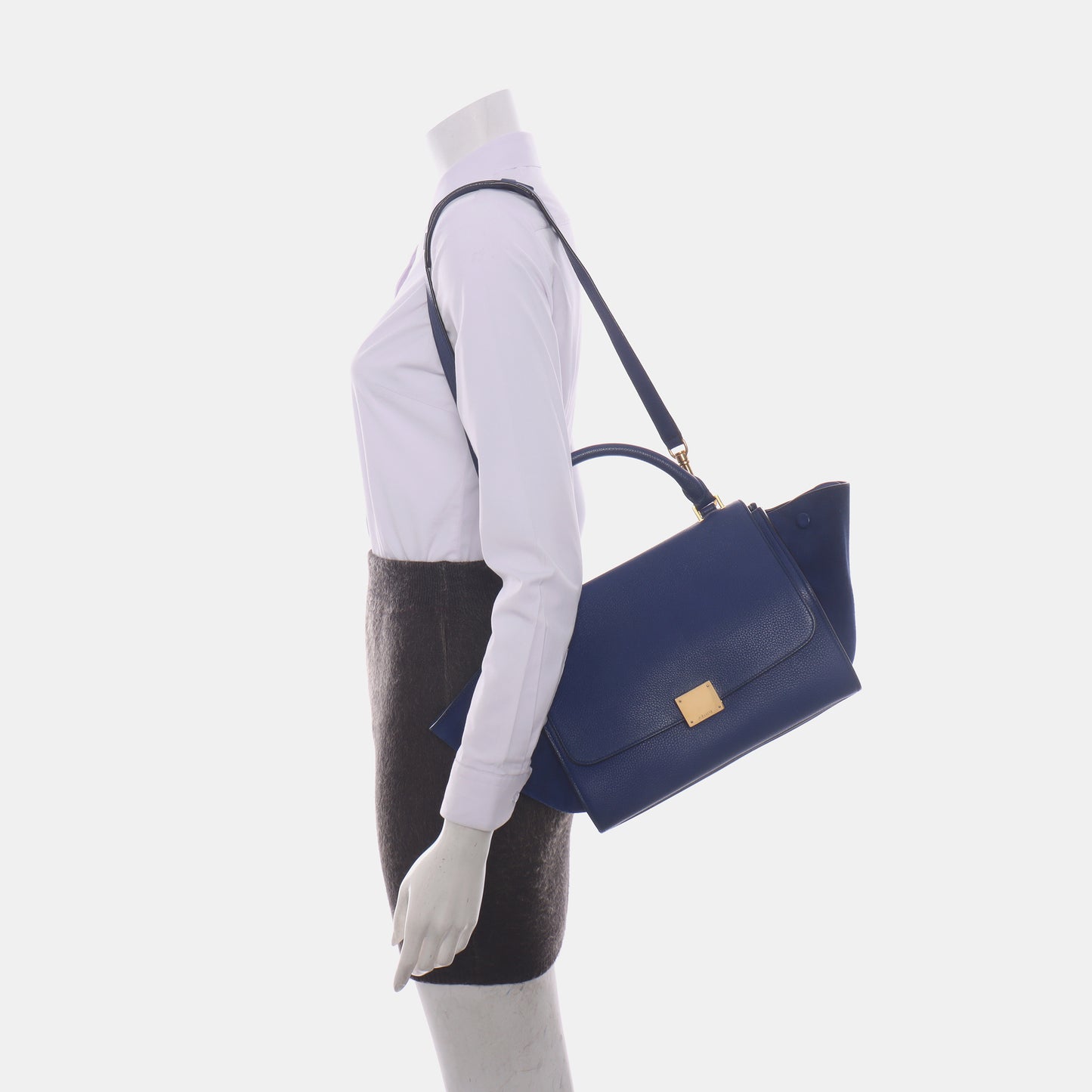 CELINE TRAPEZE Small size Blue Calfskin Swing Bag Single Shoulder Bag Handbag Golden hardware Removable shoulder strap-(SKU)-14291414