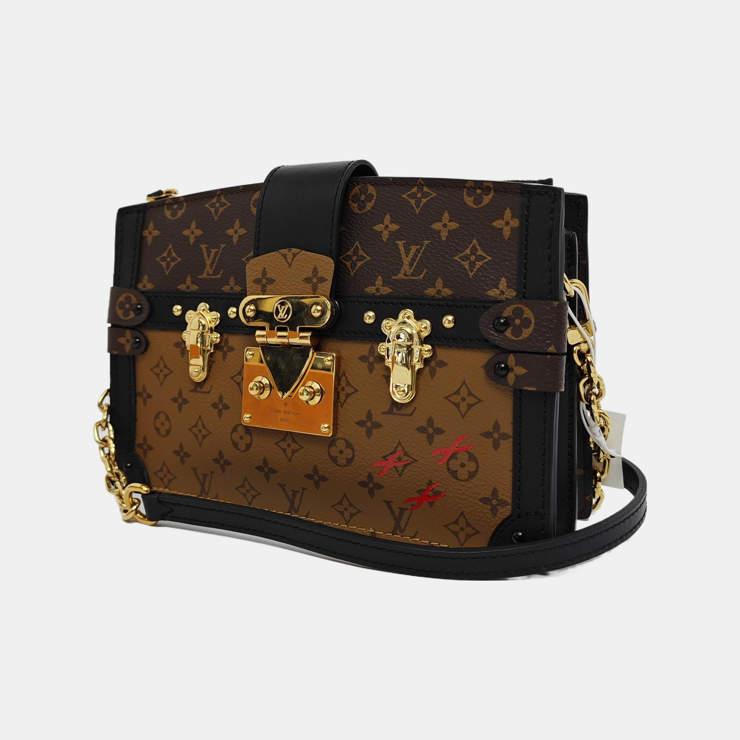 LOUIS VUITTON TRUNK Brown Coated Canvas Monogram Crossbody Bag Shoulder Bag Golden Hardware Removable Strap Accessories Included-(SKU)-943345800