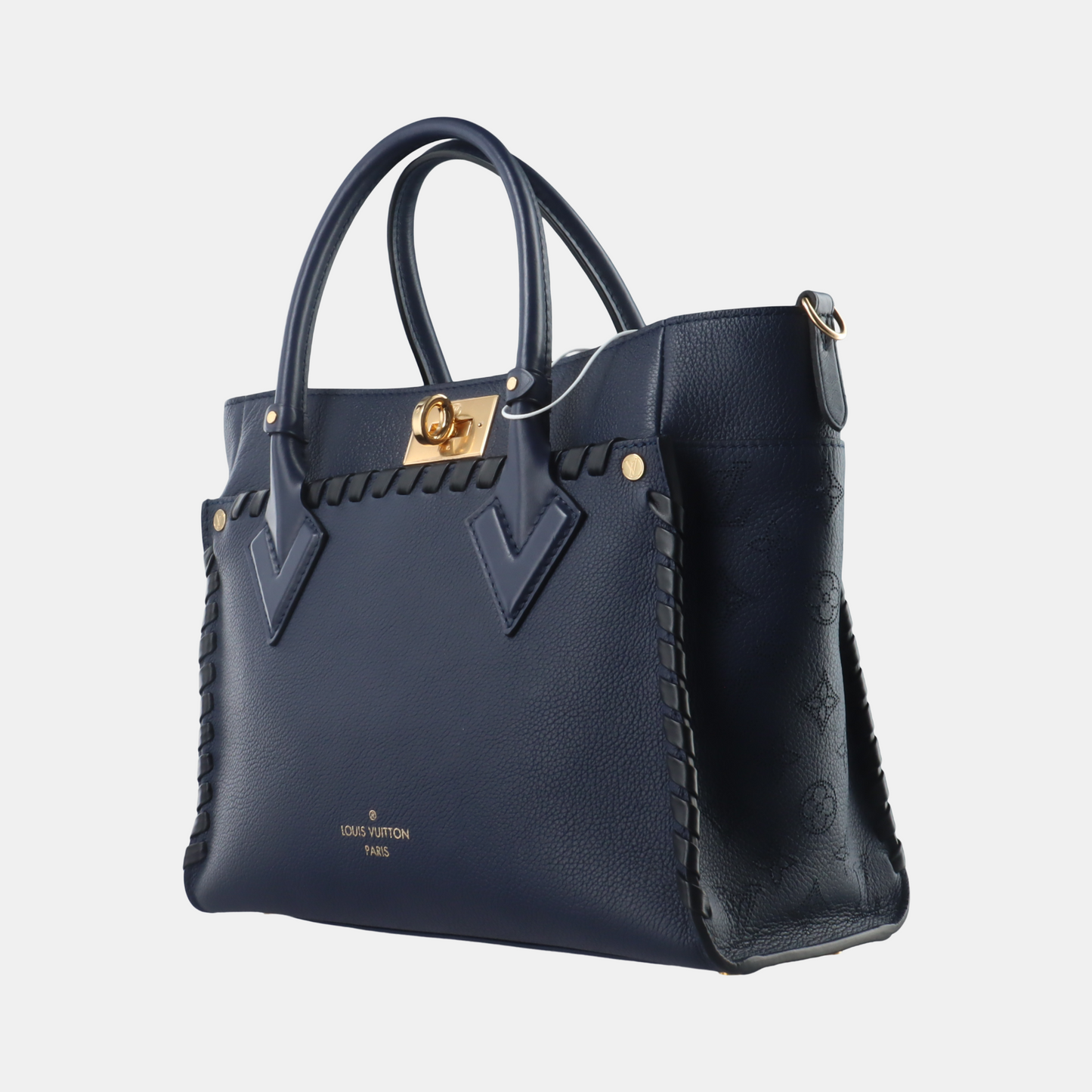 LOUIS VUITTON ON MY SIDE Medium Dark Blue Leather Woven Shoulder Bag, Gold Hardware, Removable Shoulder Strap-(SKU)-14487079