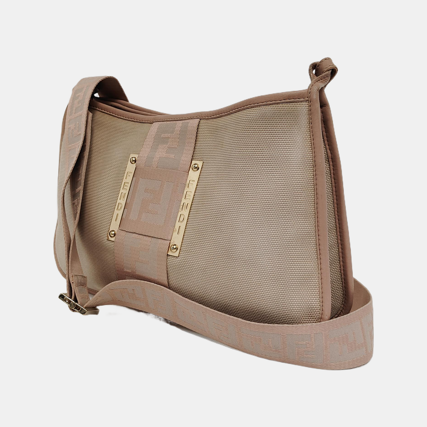 FENDI 米色帆布双F提花斜挎包Handheld包Shoulder Bag Golden hardware-(SKU)-945606964