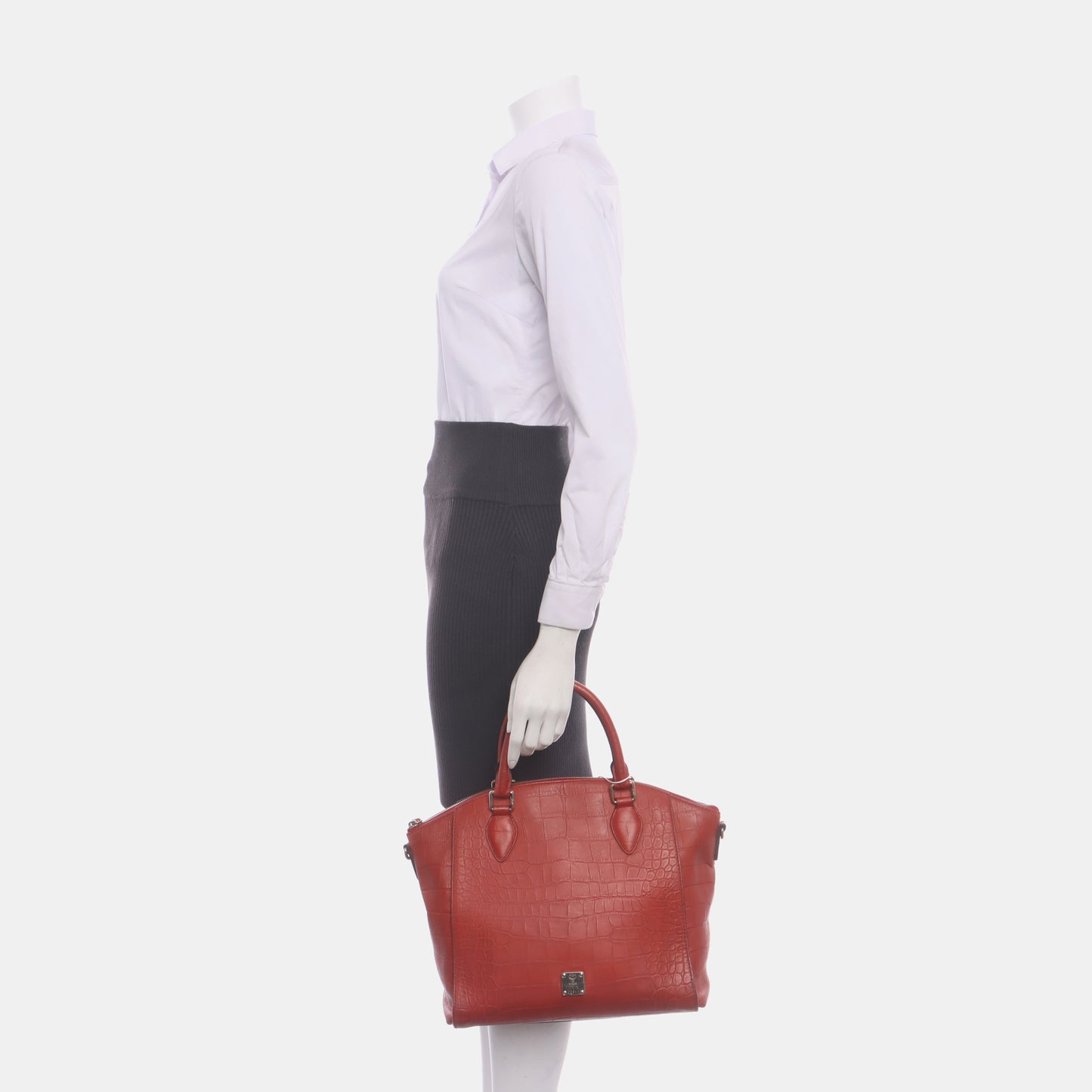 MCM Red Leather Textured Tote Bag Silver Hardware-(SKU)-933876328