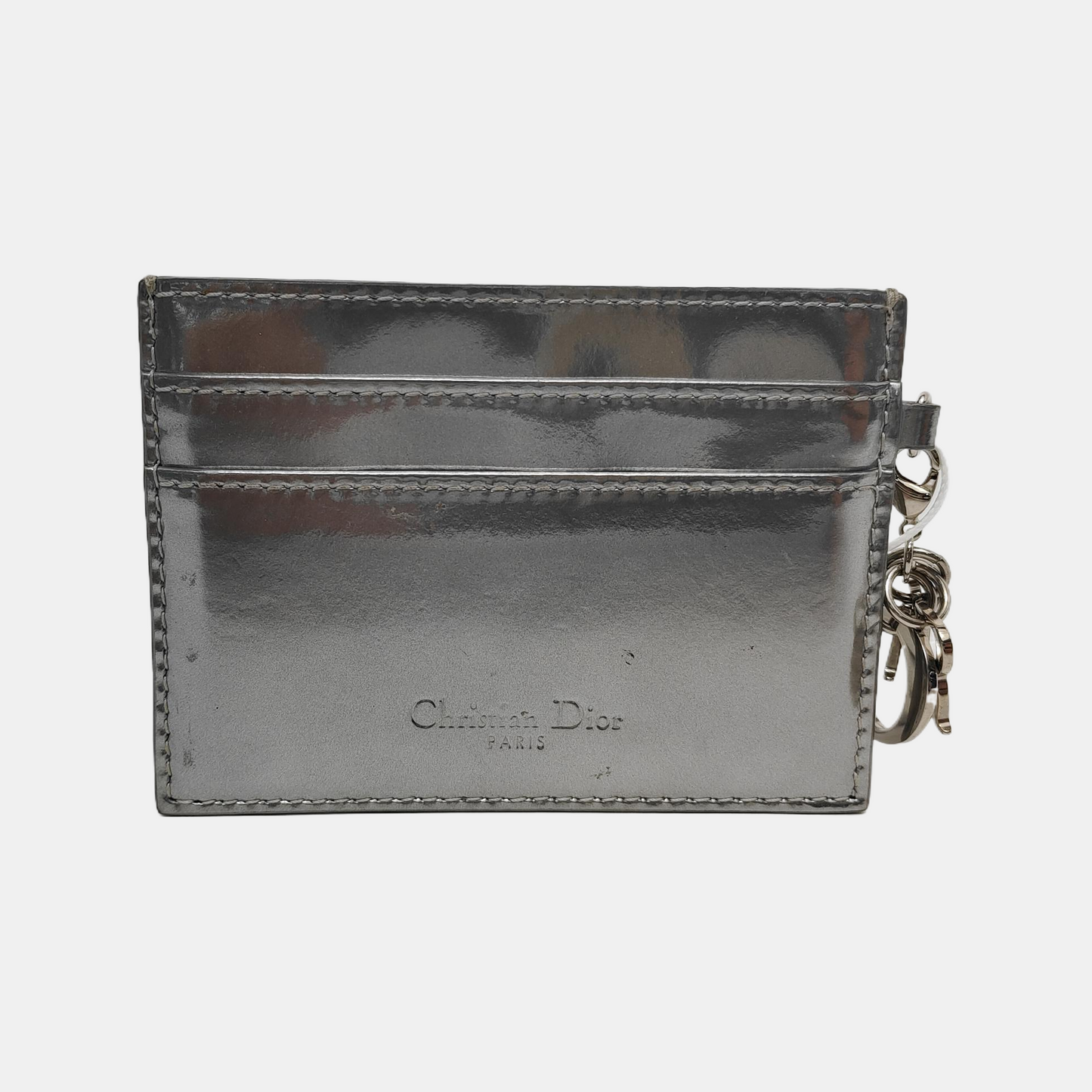 DIOR Lady Dior Silver Patent Leather Woven Quilted Diagonal Card Case Silver Hardware-(SKU)-941217354
