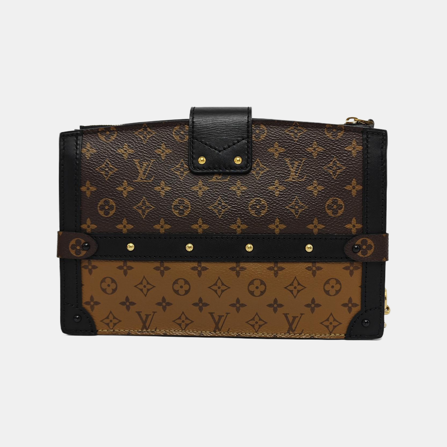 LOUIS VUITTON TRUNK Brown Coated Canvas Monogram Crossbody Bag Shoulder Bag Golden Hardware Removable Strap Accessories Included-(SKU)-943345800