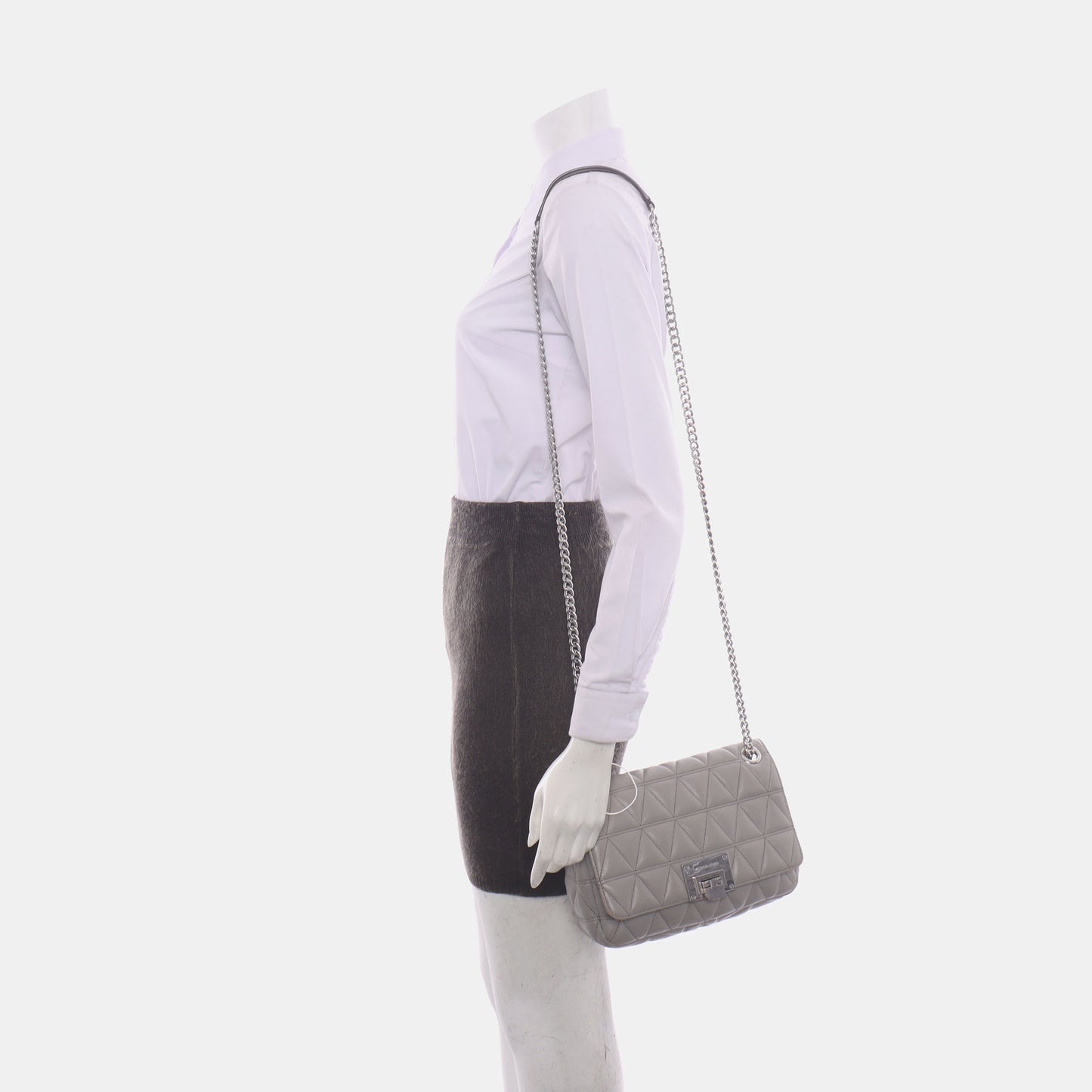 MICHAEL KORS Medium size Gray Cowhide Quilted Single Shoulder Bag Crossbody Silver Hardware-(SKU)-14349327