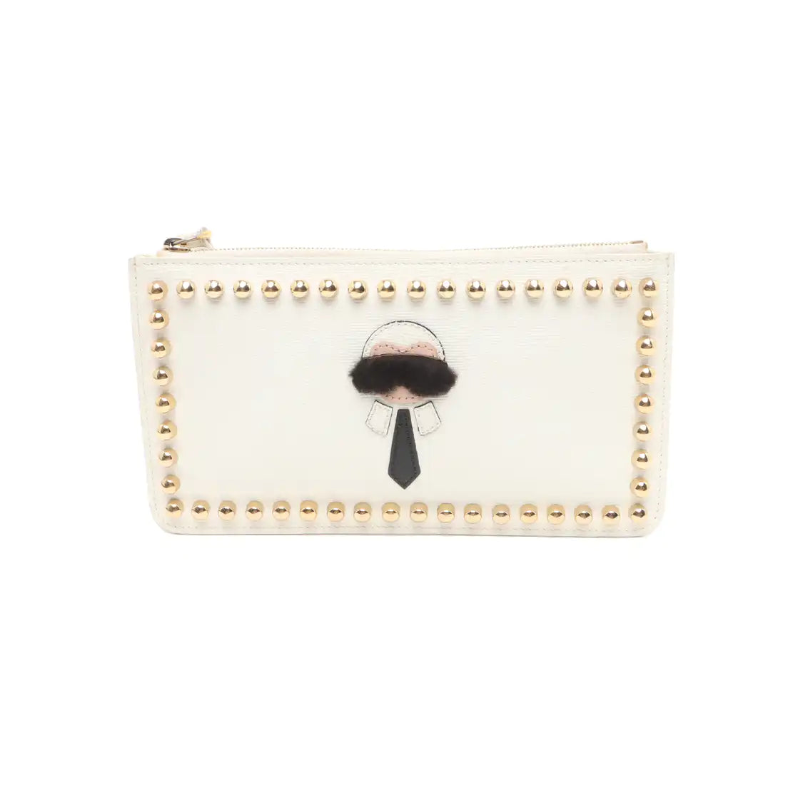 FENDI Karlito Beige Leather Studs Patchwork Handbag Handbag Golden hardware-(SKU)-935083618