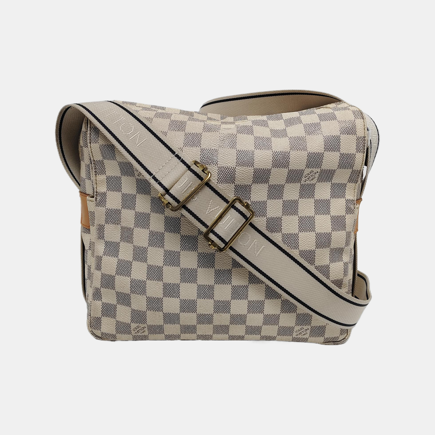 LOUIS VUITTON NAVIGLIO White Coated Canvas Chessboard Plaid Single Shoulder Bag Tote Crossbody Golden hardware-(SKU)-946272112