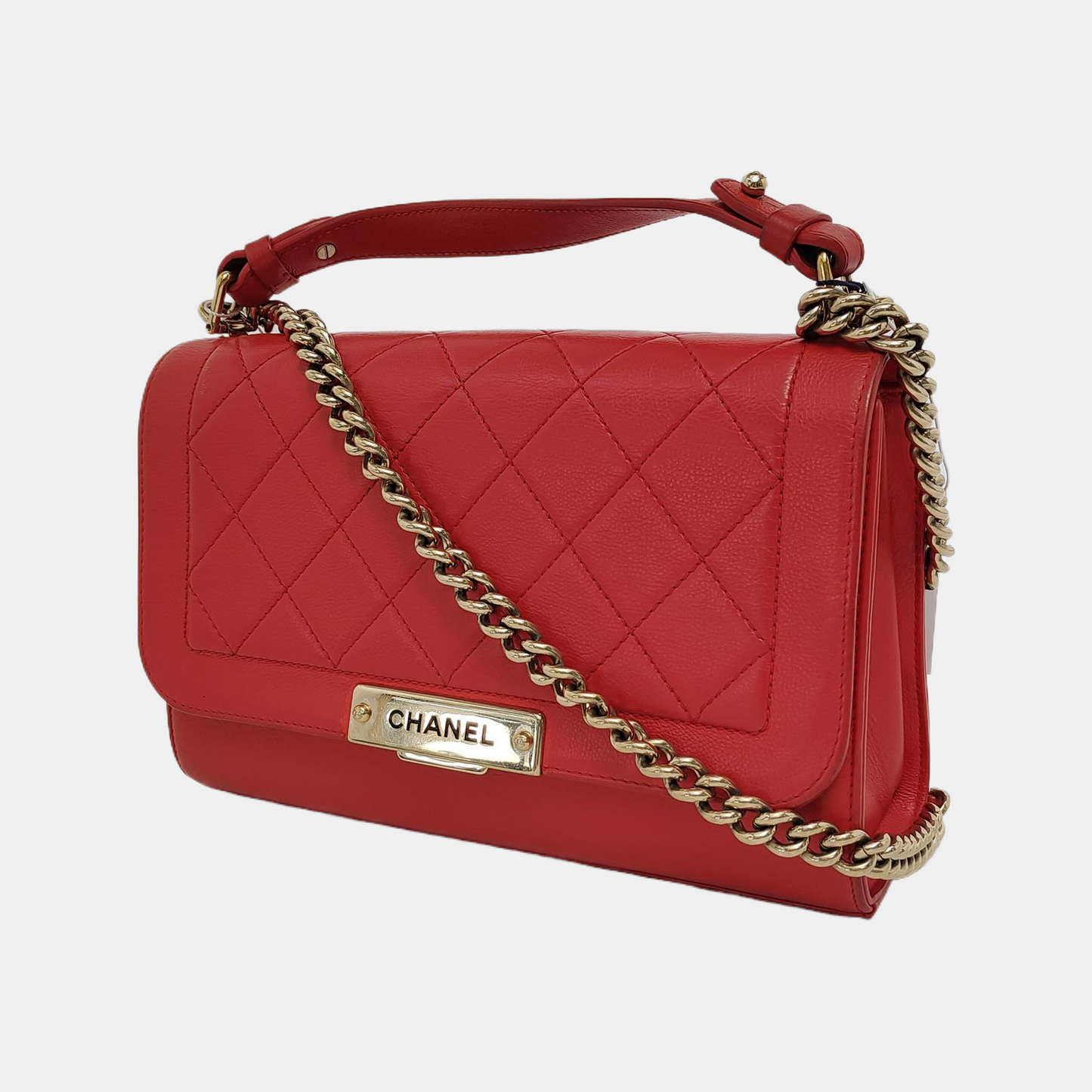 CHANEL LABEL CLICK Small Orange Red Lamb Skin Quilted Crossbody Shoulder Bag Tote Bag Gold Hardware 23 Clasp-(SKU)-945772666