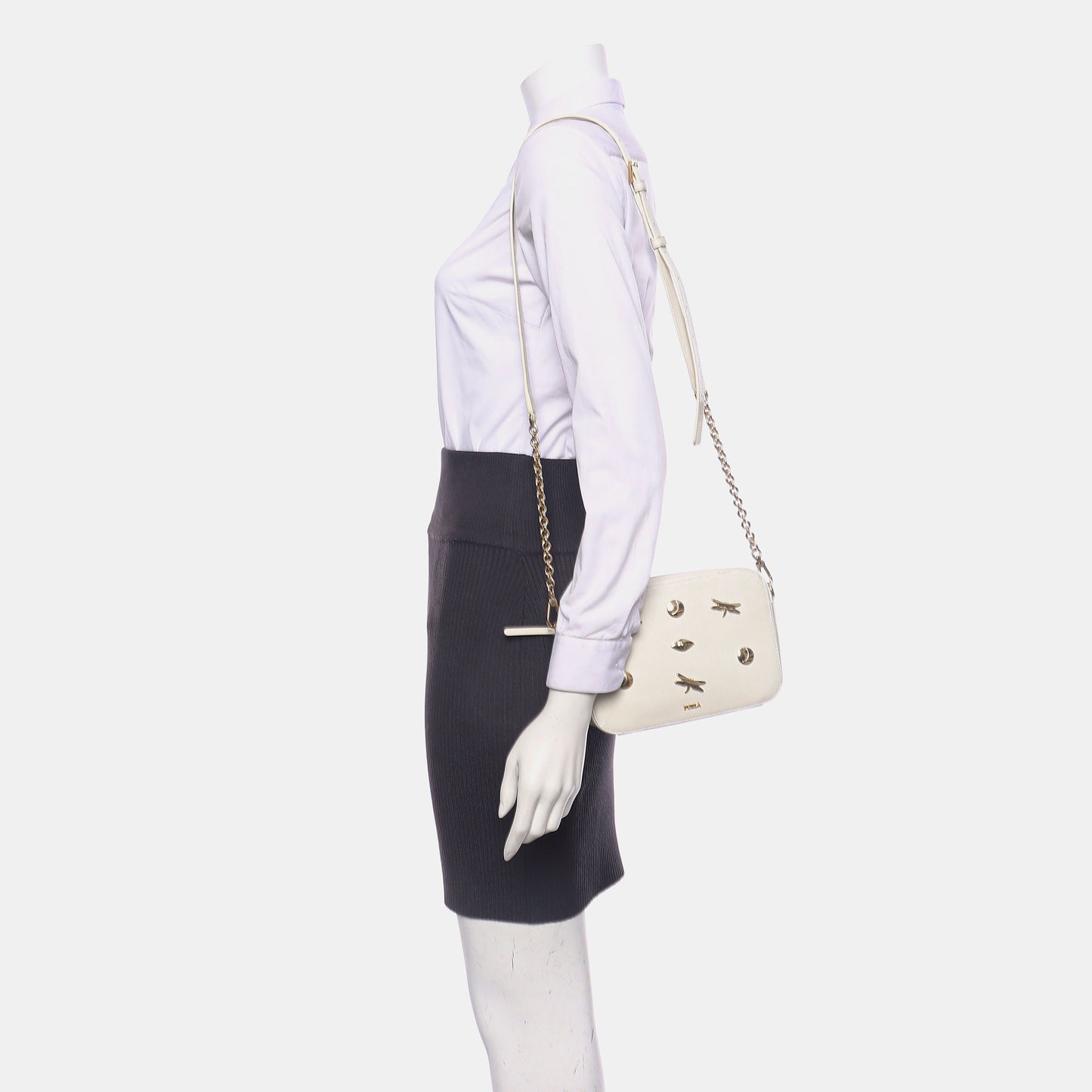 FURLA White Leather Studs Shoulder Bag Golden hardware Removable shoulder strap-(SKU)-939909071