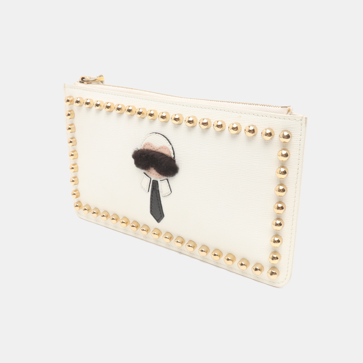 FENDI Karlito Beige Leather Studs Patchwork Handbag Handbag Golden hardware-(SKU)-935083618