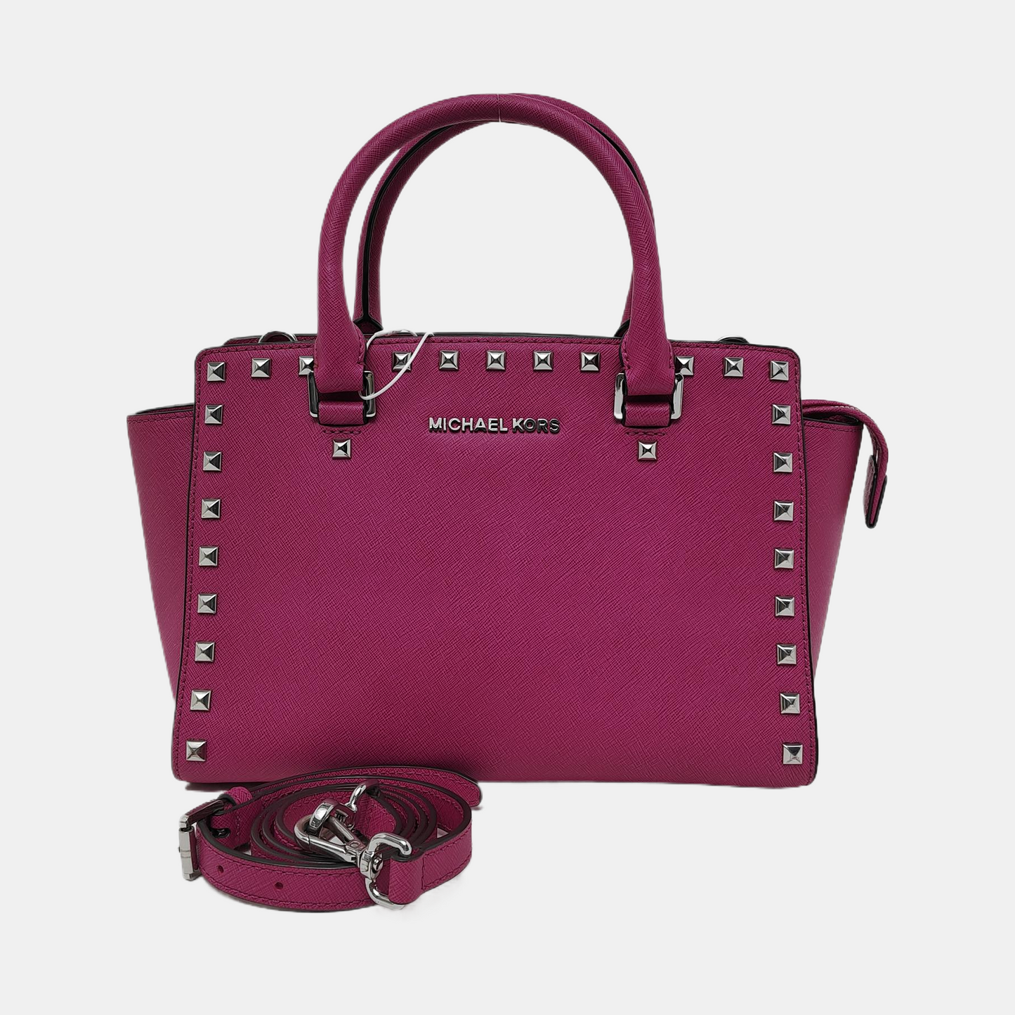 MICHAEL KORS Selma Blush Pink Leather Embossed Studs Single Shoulder Bag Tote Bag Silver Hardware Removable shoulder strap-(SKU)-940156250