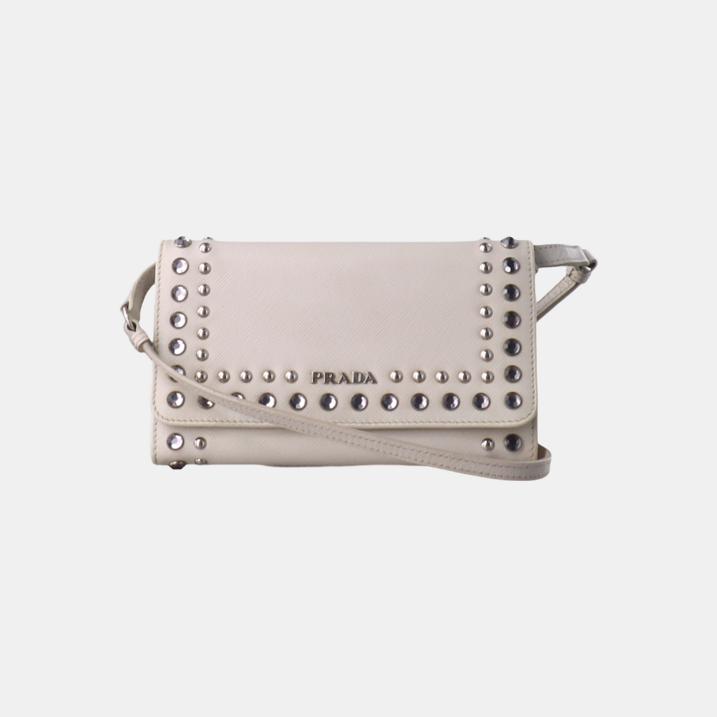 PRADA White Cowhide Crisscross Studs Single Shoulder Bag Crossbody Bag Silver Hardware Removable shoulder strap-(SKU)-935053572