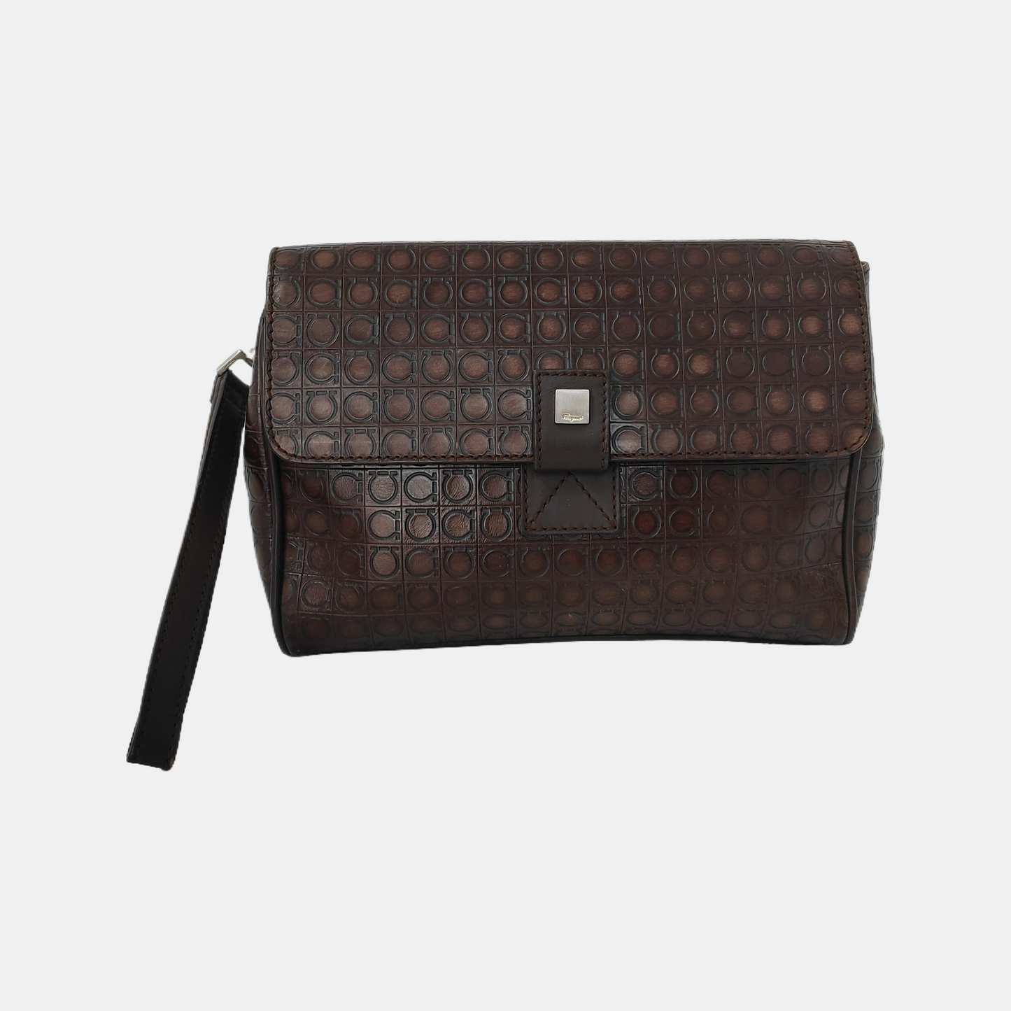 FERRAGAMO Chocolate Brown Leather Embossed Clutch Silver Hardware-(SKU)-942092439