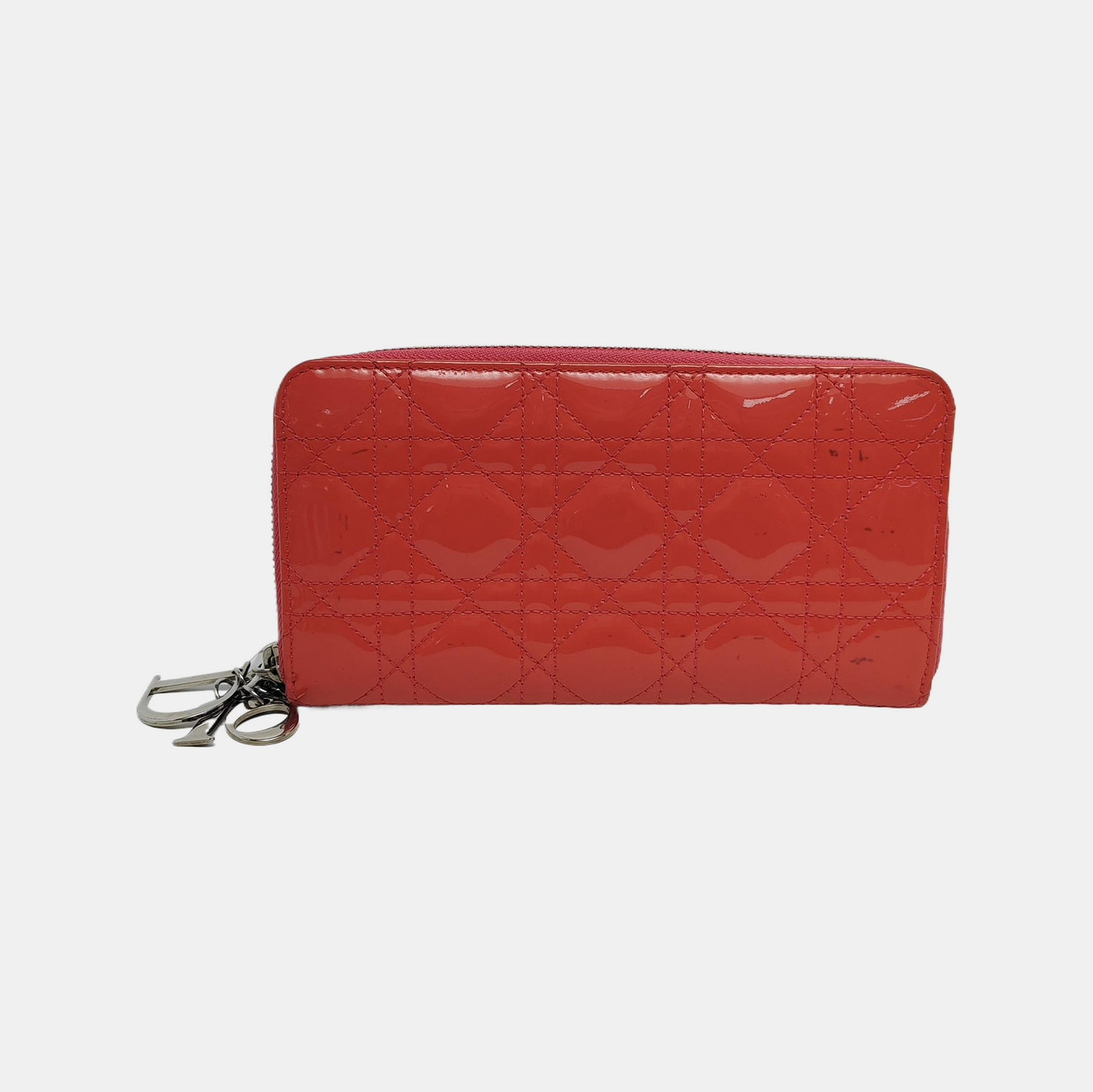 DIOR Lady Dior Red patent leather wicker pattern quilted wallet Golden hardware-(SKU)-945065064
