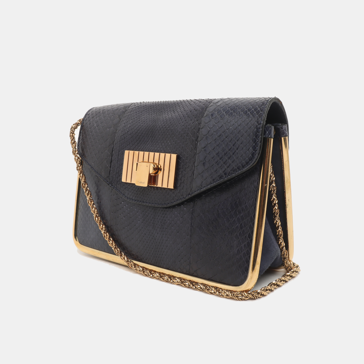 Chloé Sally Small size Dark Blue Snake Skin Crossbody Bag Golden hardware-(SKU)-935267060