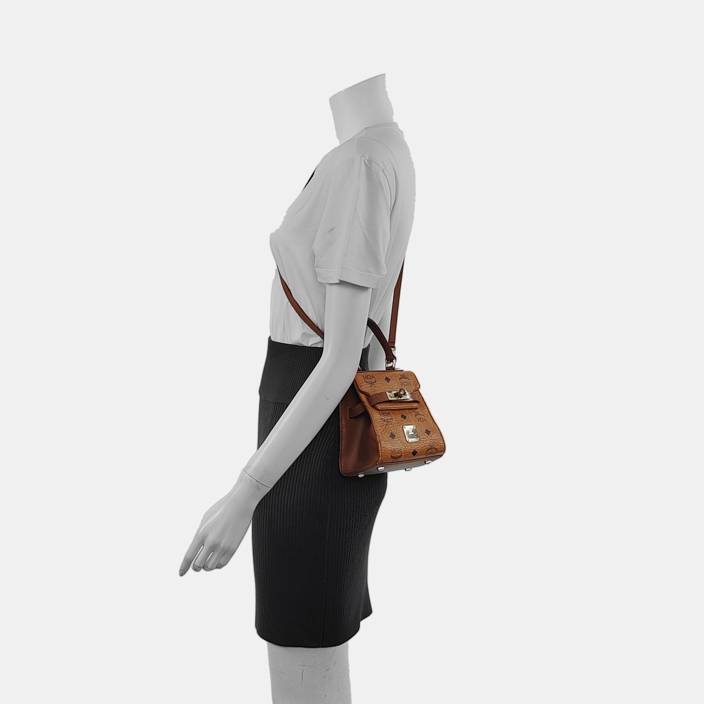 MCM Cognac Coated Canvas Monogrammed Single Shoulder Bag Tote Bag Crossbody Bag Golden hardware shoulder straps-(SKU)-940158793