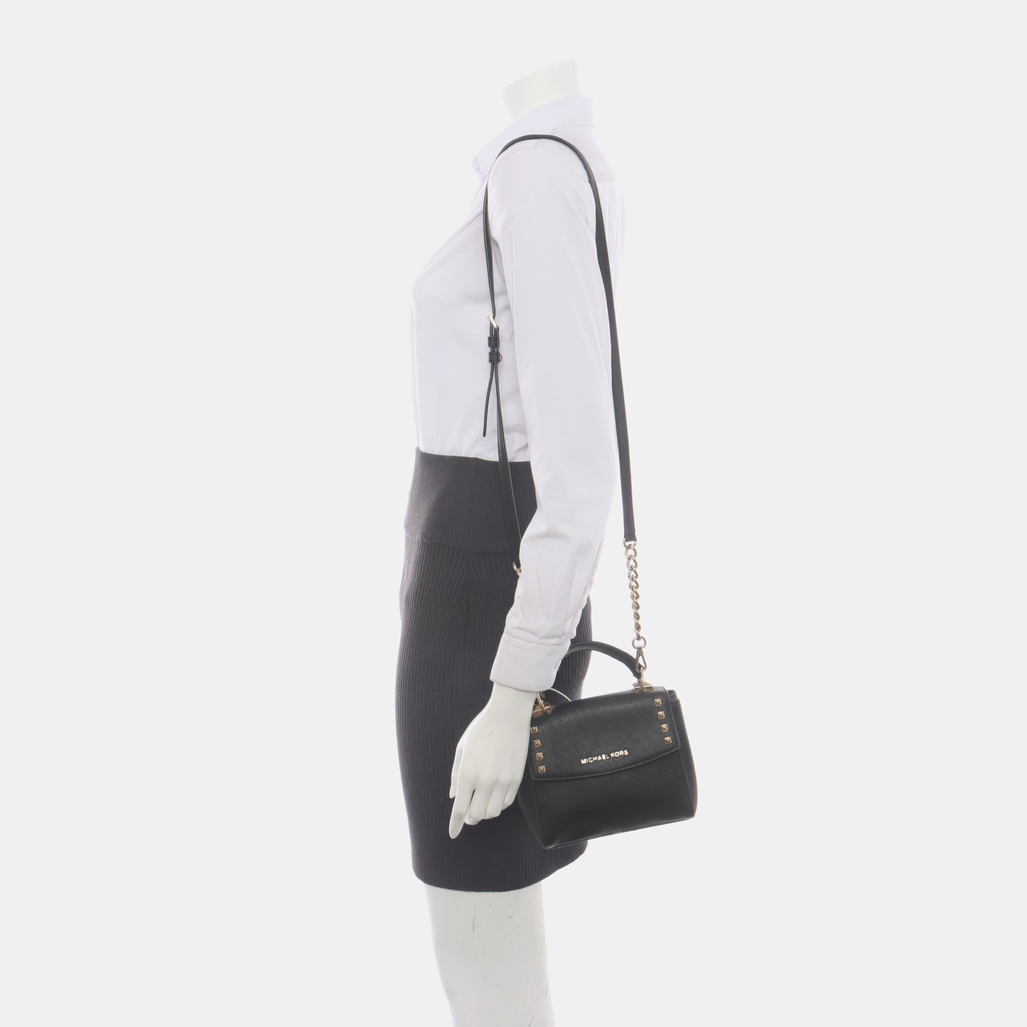 MICHAEL KORS Black Leather Embossed Studs Single Shoulder Bag Crossbody Bag Handbag Golden hardware Removable shoulder strap-(SKU)-933988480