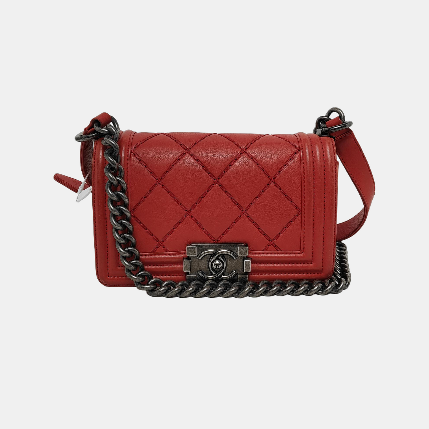 CHANEL BOY CHANEL Small Size Red Calfskin Quilted Chevron Single Shoulder Bag Crossbody Bag Rhodium Plated Hardware 18 Clasp Removable Shoulder Strap-(SKU)-943373745