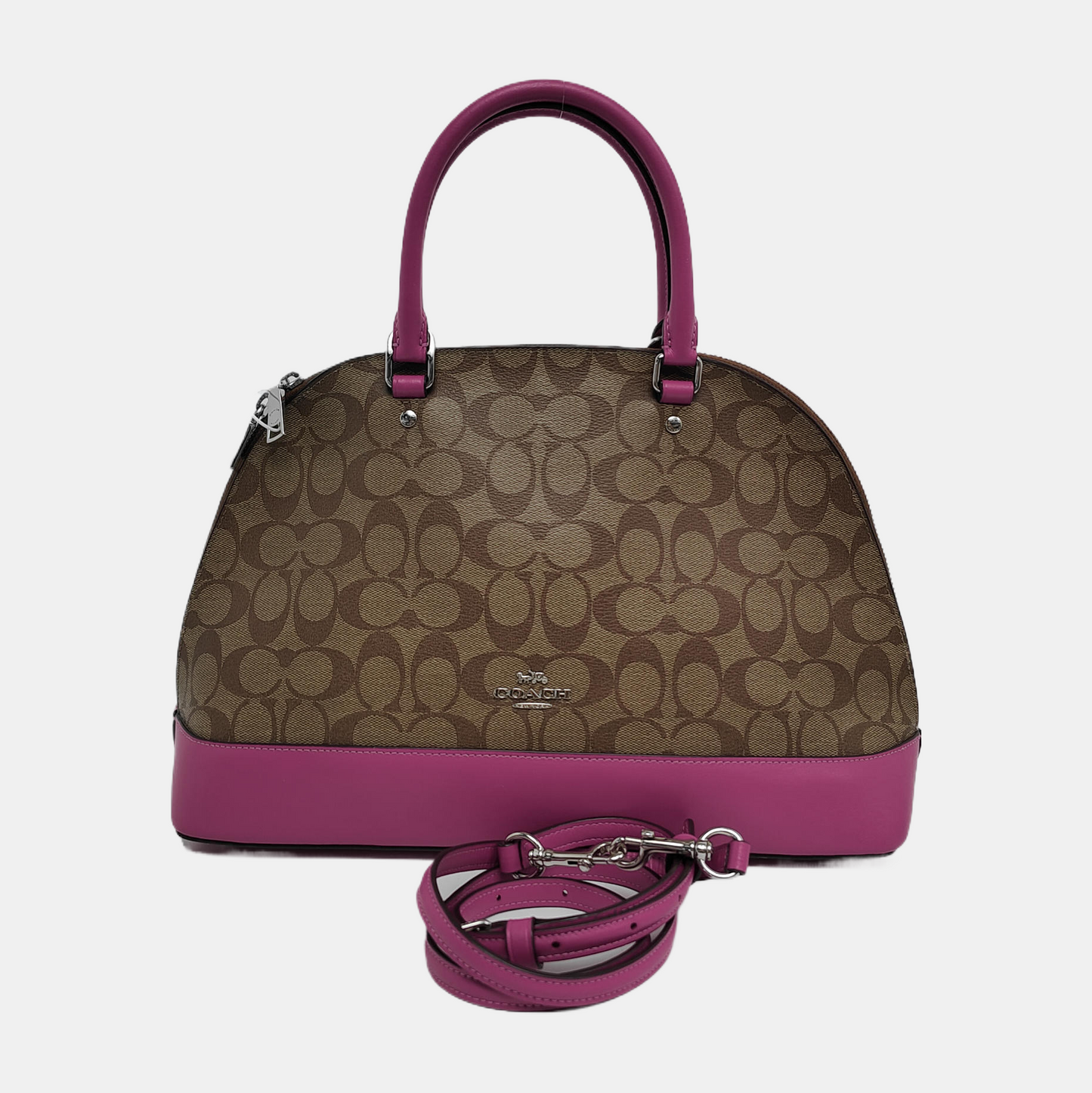 COACH SIERRA Khaki Coated Canvas Monogram Carriage Single Shoulder Bag Sling Bag Handbag Silver Hardware Removable shoulder strap-(SKU)-942426011