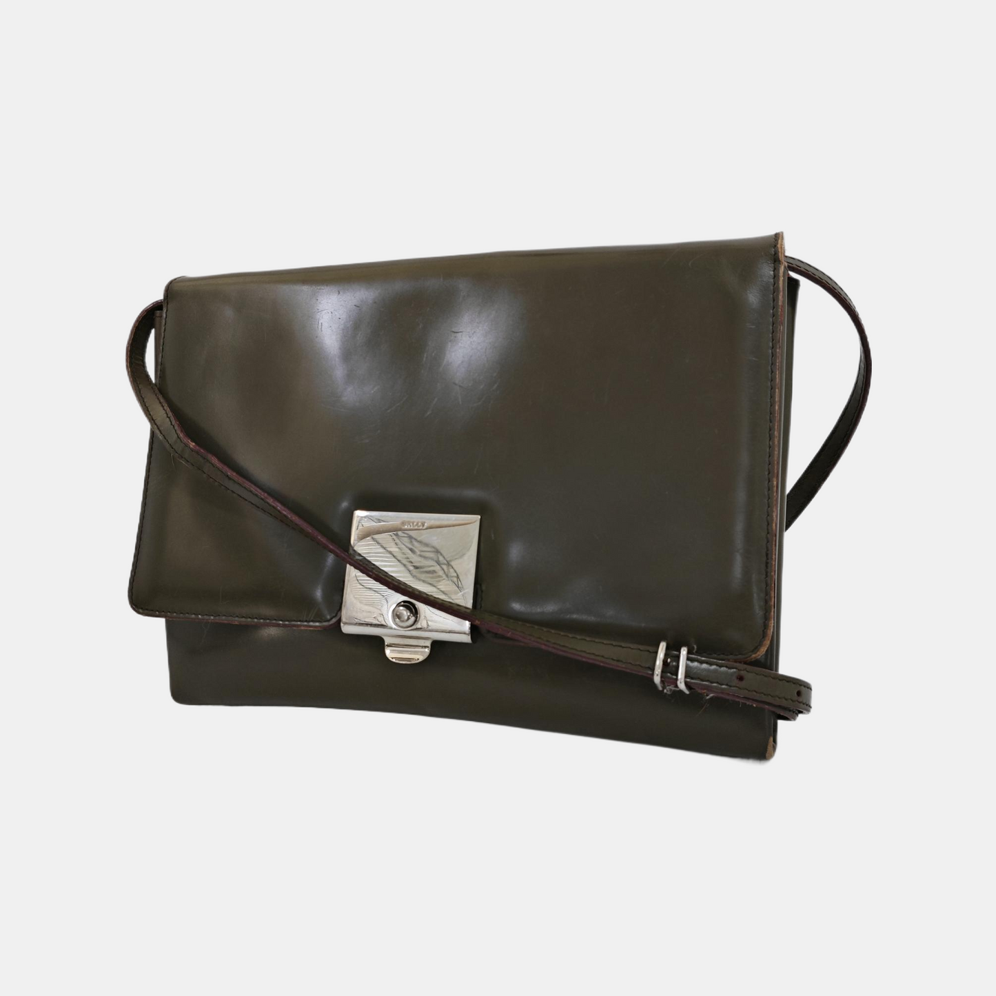 BALLY Dark Green Leather Crossbody Bag Single Shoulder Bag Silver Hardware Pouch detachable shoulder strap-(SKU)-940675885