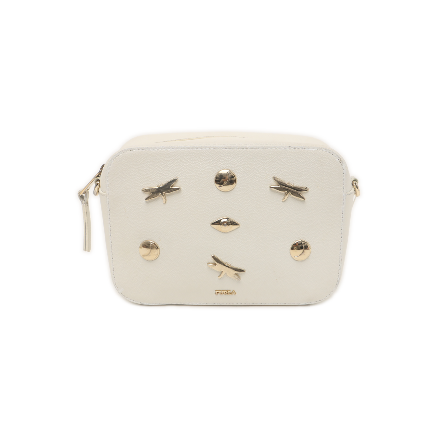 FURLA White Leather Studs Shoulder Bag Golden hardware Removable shoulder strap-(SKU)-939909071