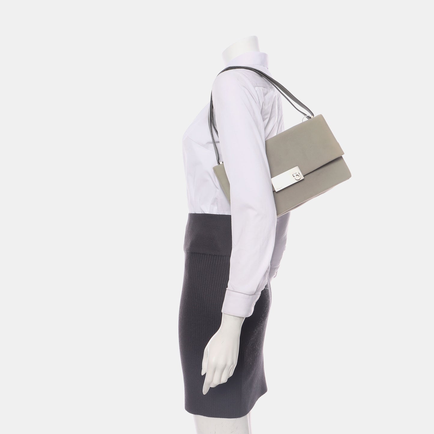 FERRAGAMO Gray Fabric Shoulder Bag Silver Hardware-(SKU)-939066983