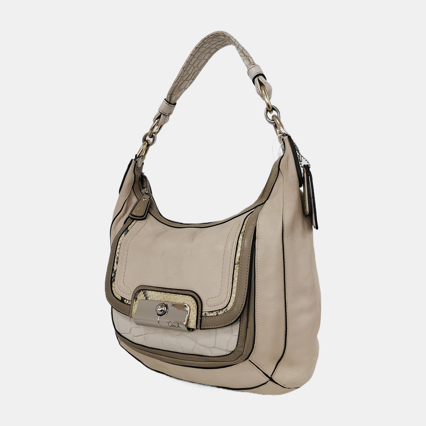 COACH Beige Leather Stamped Single Shoulder Bag Handbag Silver Hardware-(SKU)-943932252