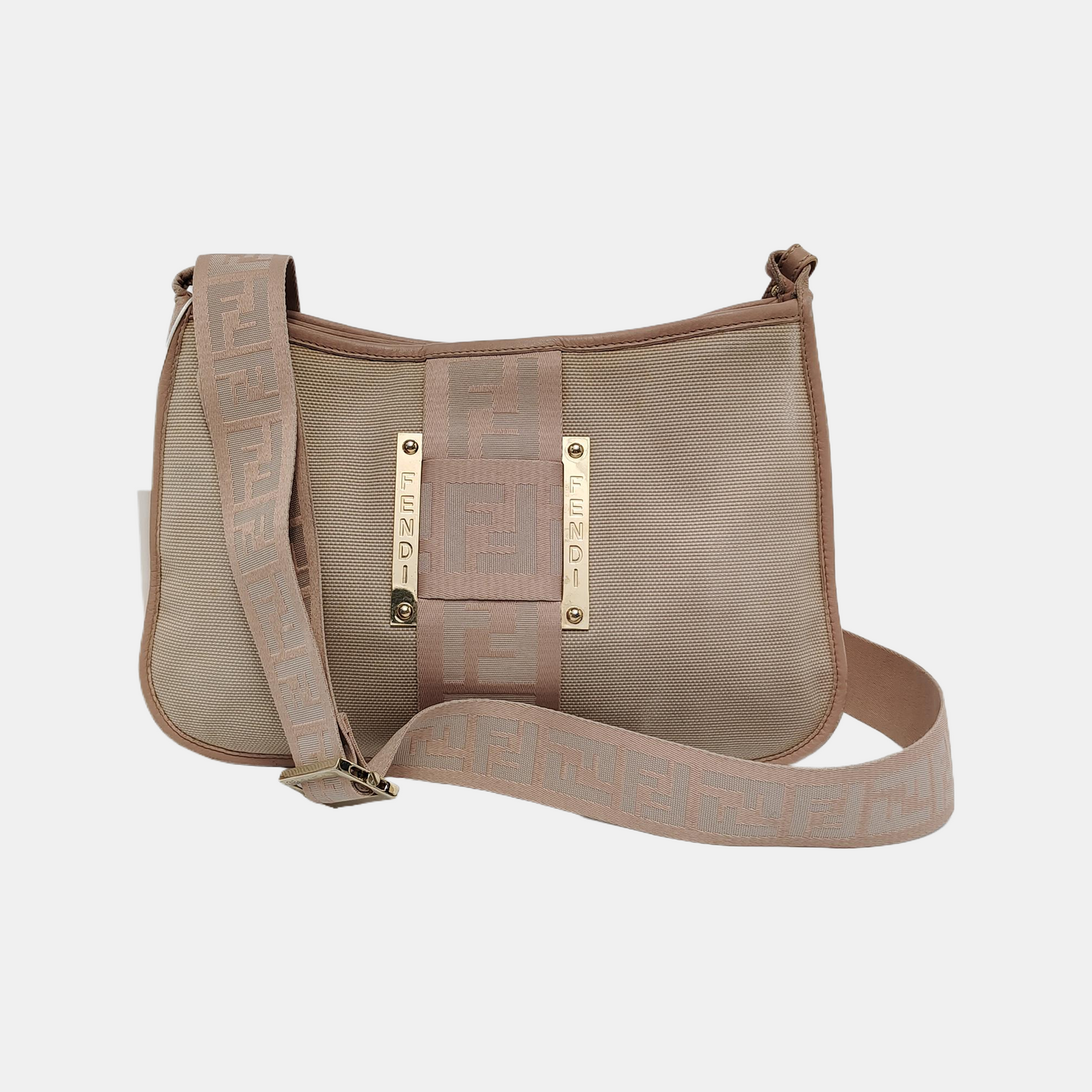 FENDI 米色帆布双F提花斜挎包Handheld包Shoulder Bag Golden hardware-(SKU)-945606964