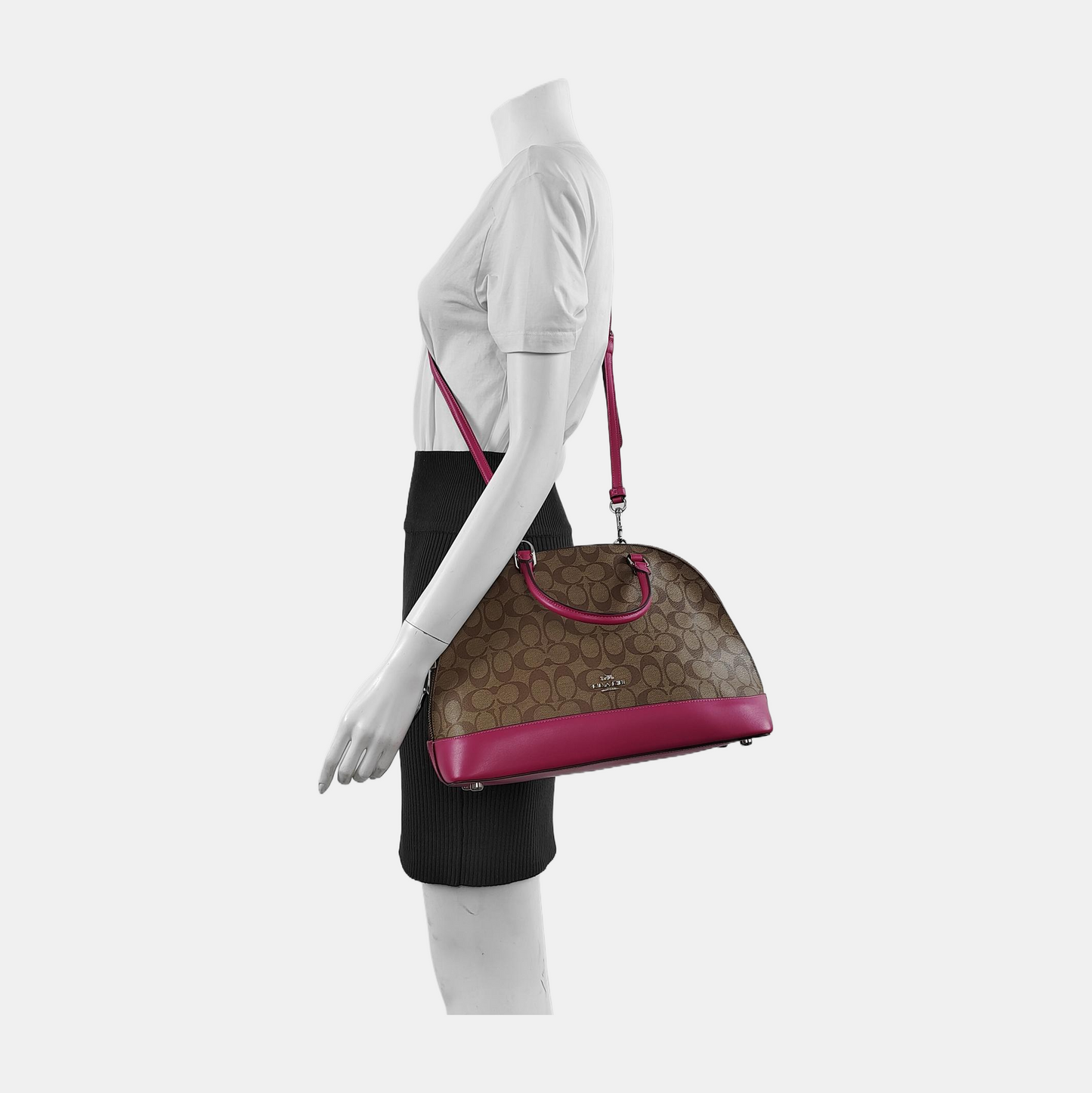 COACH SIERRA Khaki Coated Canvas Monogram Carriage Single Shoulder Bag Sling Bag Handbag Silver Hardware Removable shoulder strap-(SKU)-942426011