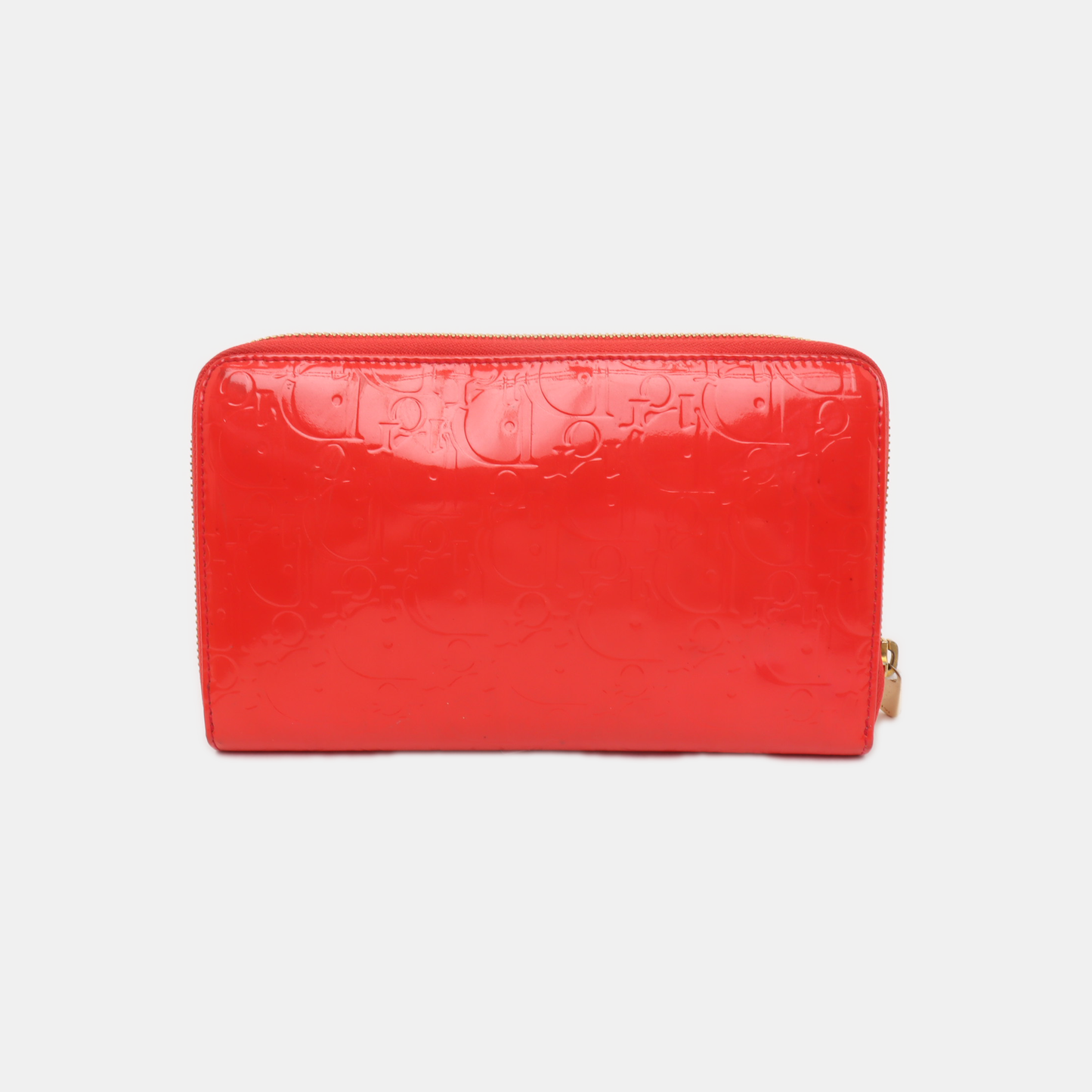 DIOR Red Patent Leather Monogrammed Quilted Clutch Golden hardware-(SKU)-939810644