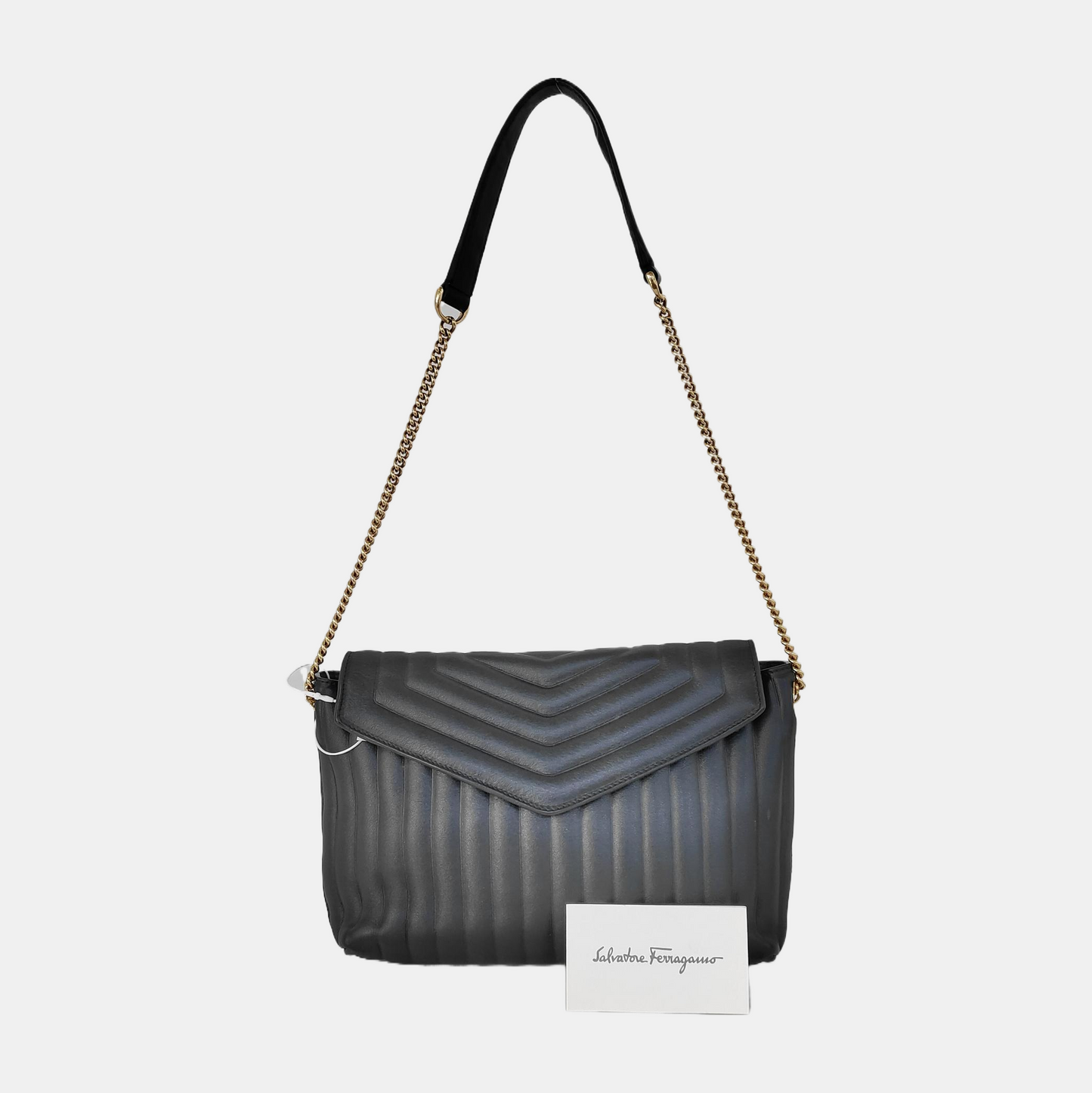 FERRAGAMO Black Leather Quilted Single Shoulder Bag Golden hardware-(SKU)-941505709