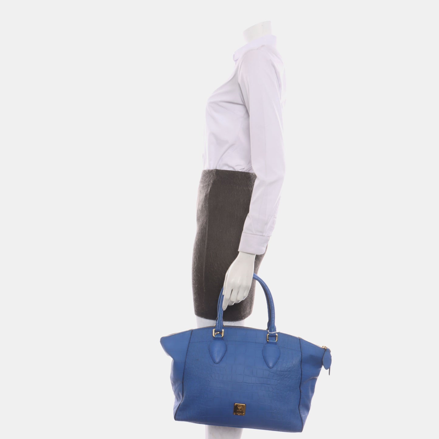 MCM NUOVO Blue Leather Crocodile Print Handbag Golden hardware-(SKU)-14502100