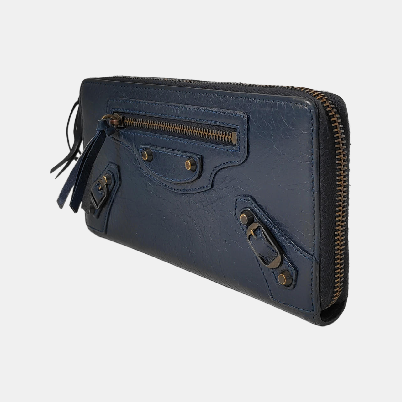 BALENCIAGA Classic City Dark blue cowhide studded biker bag wallet Golden hardware-(SKU)-942566519