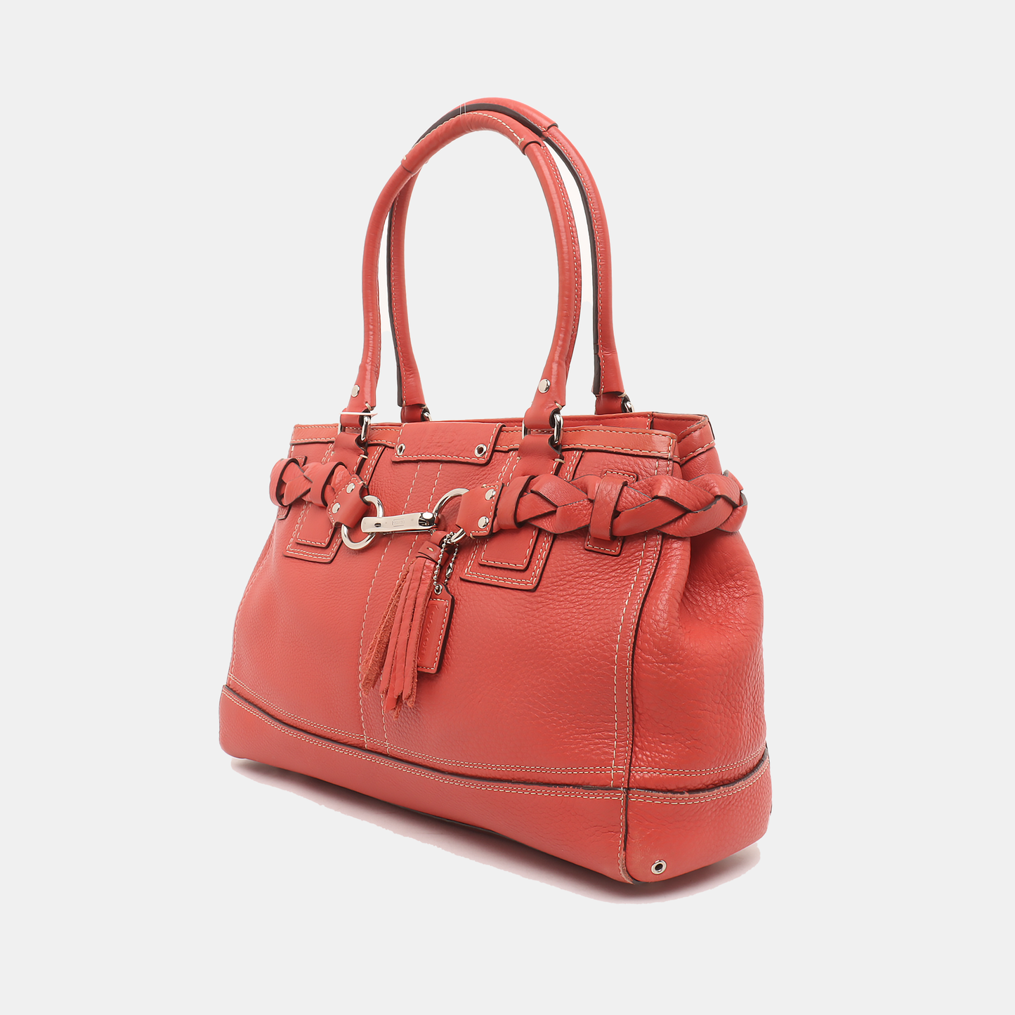 COACH HAMPTON Watermelon Red Calf Leather Fringe Weave Handbag Silver Hardware-(SKU)-928565147