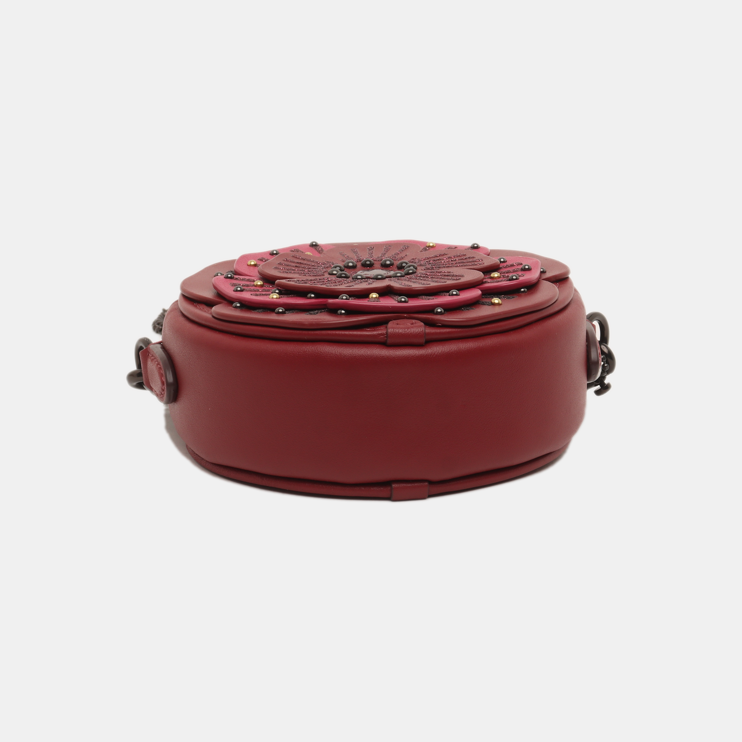 COACH Round Bun Bag Red Leather Studs Patchwork Single Shoulder Bag Crossbody Bag Black hardware Removable shoulder strap-(SKU)-14340529