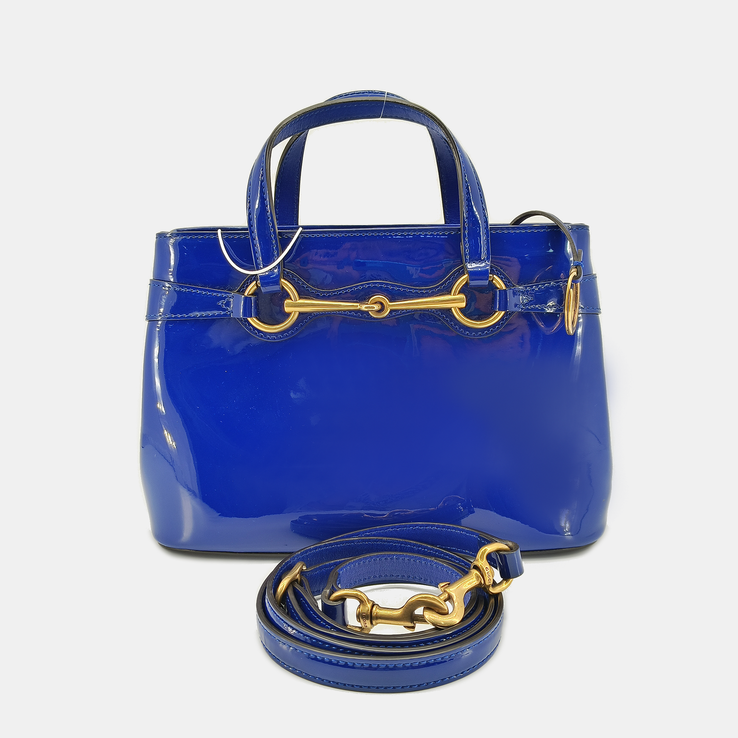 GUCCI Bright Bit Navy Blue Patent Leather Buckle Shoulder Bag Tote Crossbody Golden hardware Removable shoulder strap-(SKU)-939934256