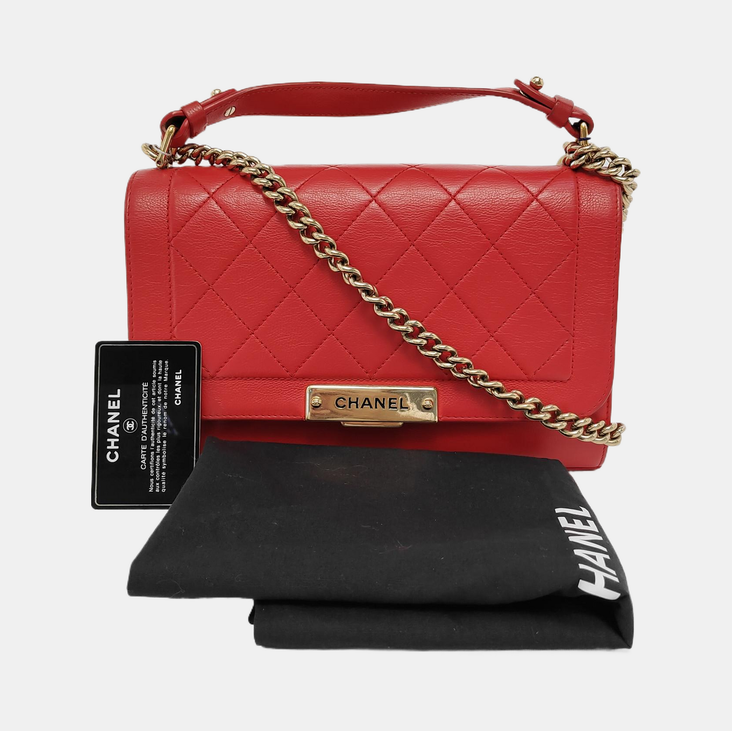 CHANEL LABEL CLICK Small Orange Red Lamb Skin Quilted Crossbody Shoulder Bag Tote Bag Gold Hardware 23 Clasp-(SKU)-945772666