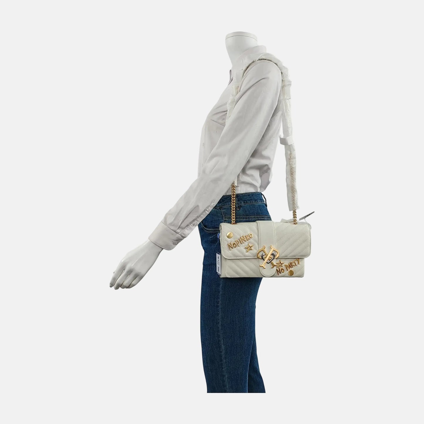 PINKO mini White Leather Quilted Stud Crossbody Bag, Single Shoulder Bag Golden Silver Hardware-(SKU)-944691063