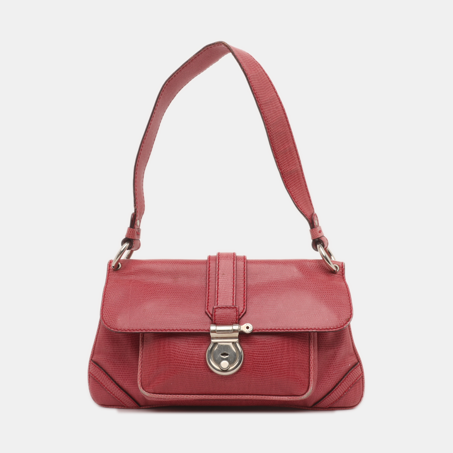 BURBERRY Red Cowhide Embossed Shoulder Bag Tote Silver Hardware-(SKU)-928563763