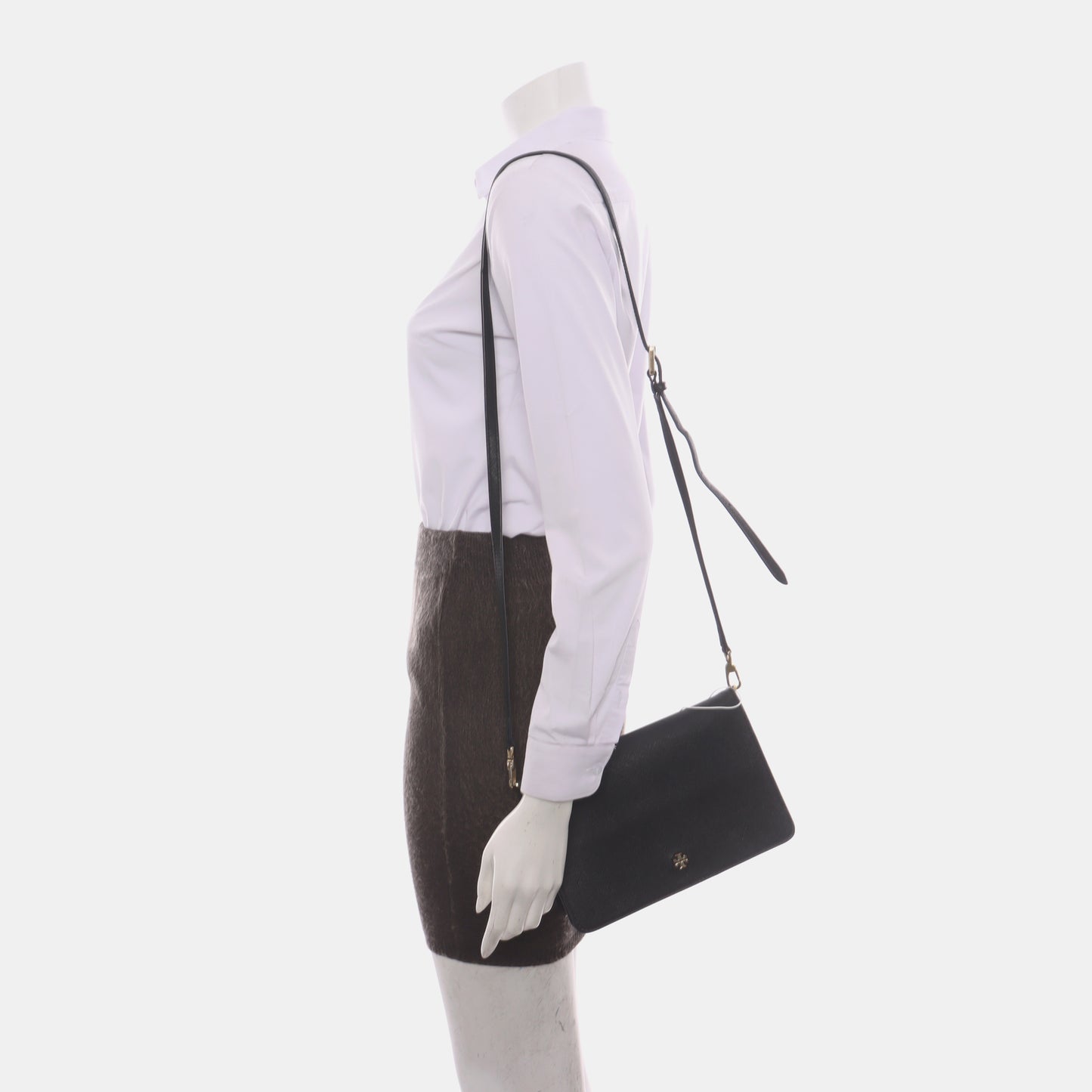 TORY BURCH York Black Leather Embossed Crossbody Single Shoulder Bag Golden hardware Removable shoulder strap-(SKU)-14436887