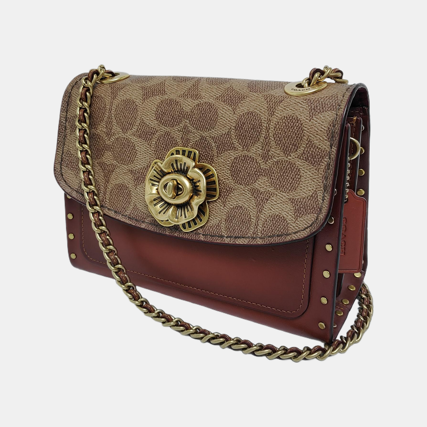 COACH PARKER 18 Brown Coated Canvas Monogrammed Studs Crossbody Shoulder Bag Golden hardware-(SKU)-940154037