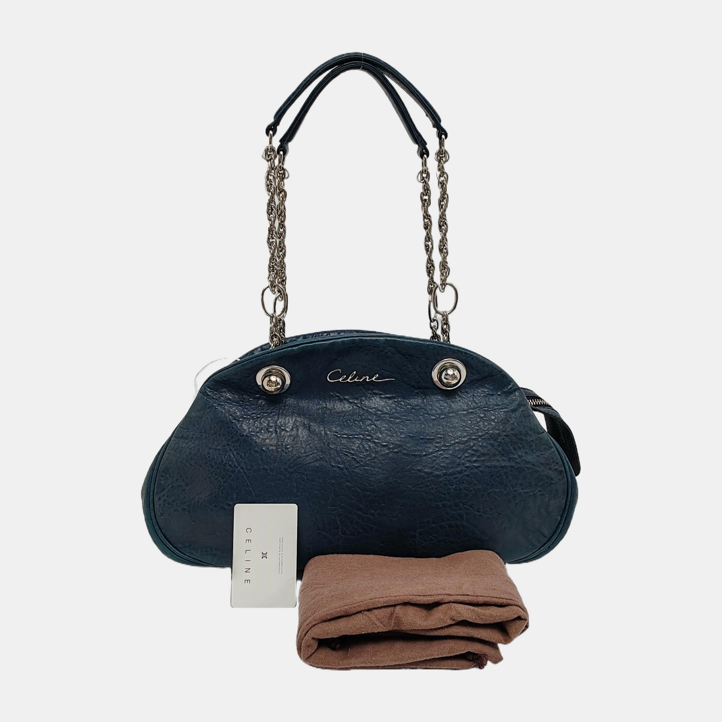 CELINE Dark blue cowhide shoulder bag Silver Hardware-(SKU)-945570761