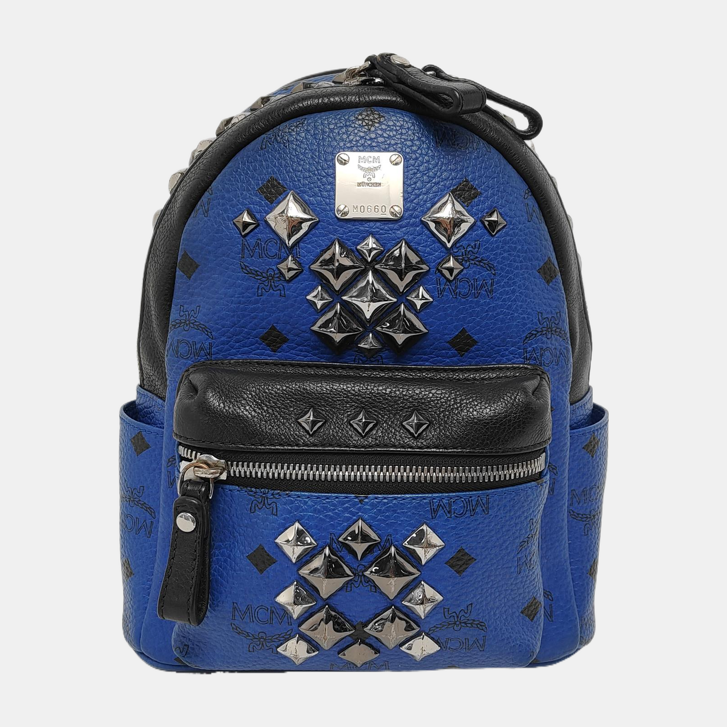 MCM STARK mini Blue Coated Canvas Monogrammed Stud Double Backpack Silver Black Hardware-(SKU)-943802065