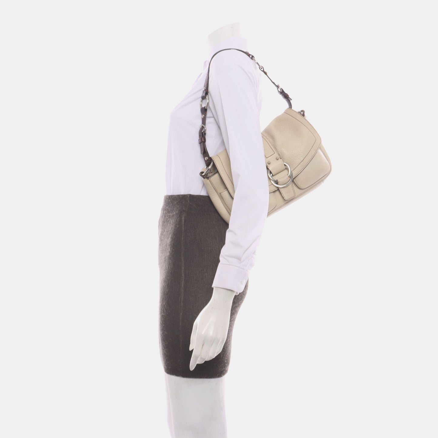 COACH Beige Leather Single Shoulder Bag Handbag Silver Hardware Removable shoulder strap-(SKU)-929326305