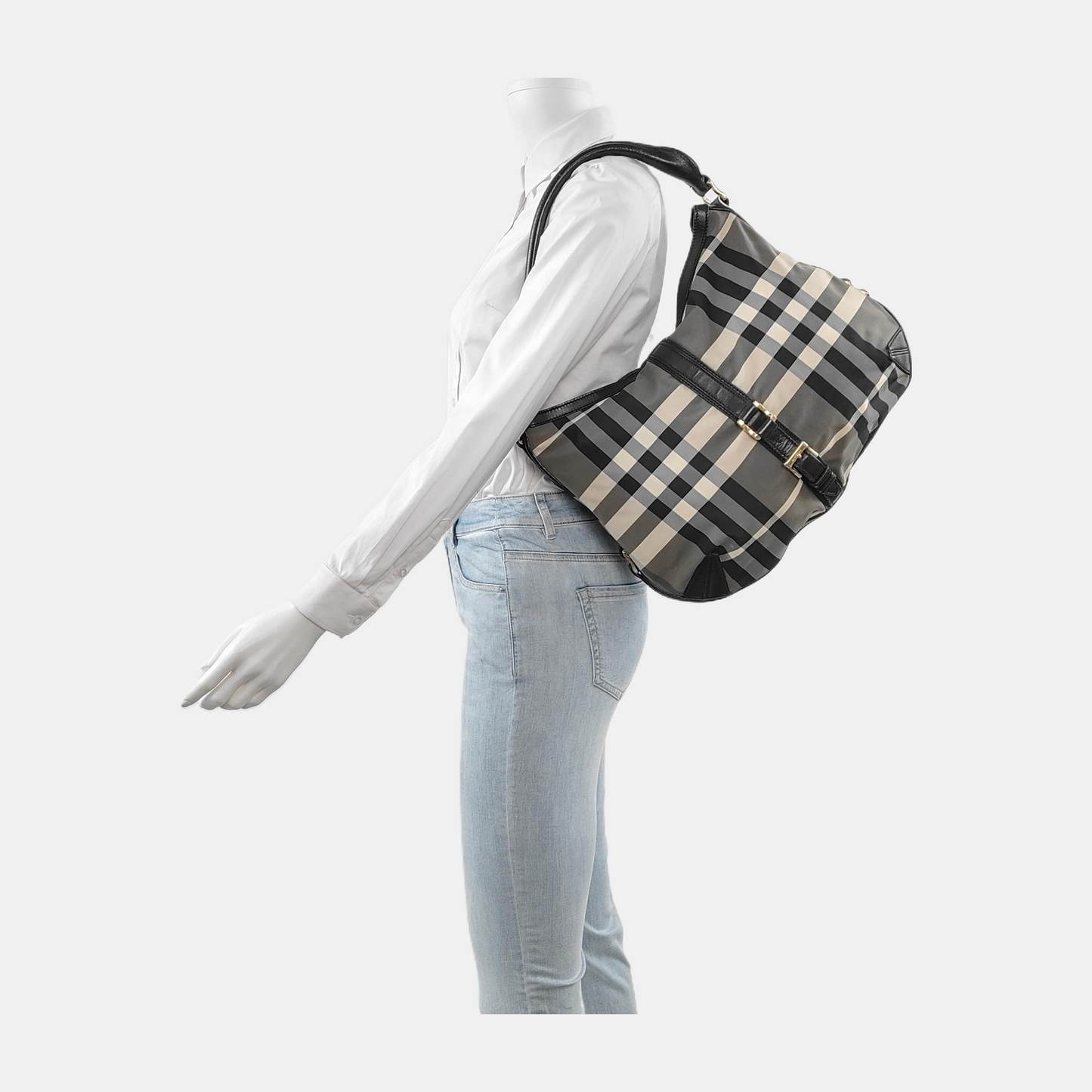 BURBERRY Gray Nylon Battle Horse Plaid Single Shoulder Bag Golden hardware-(SKU)-943189474