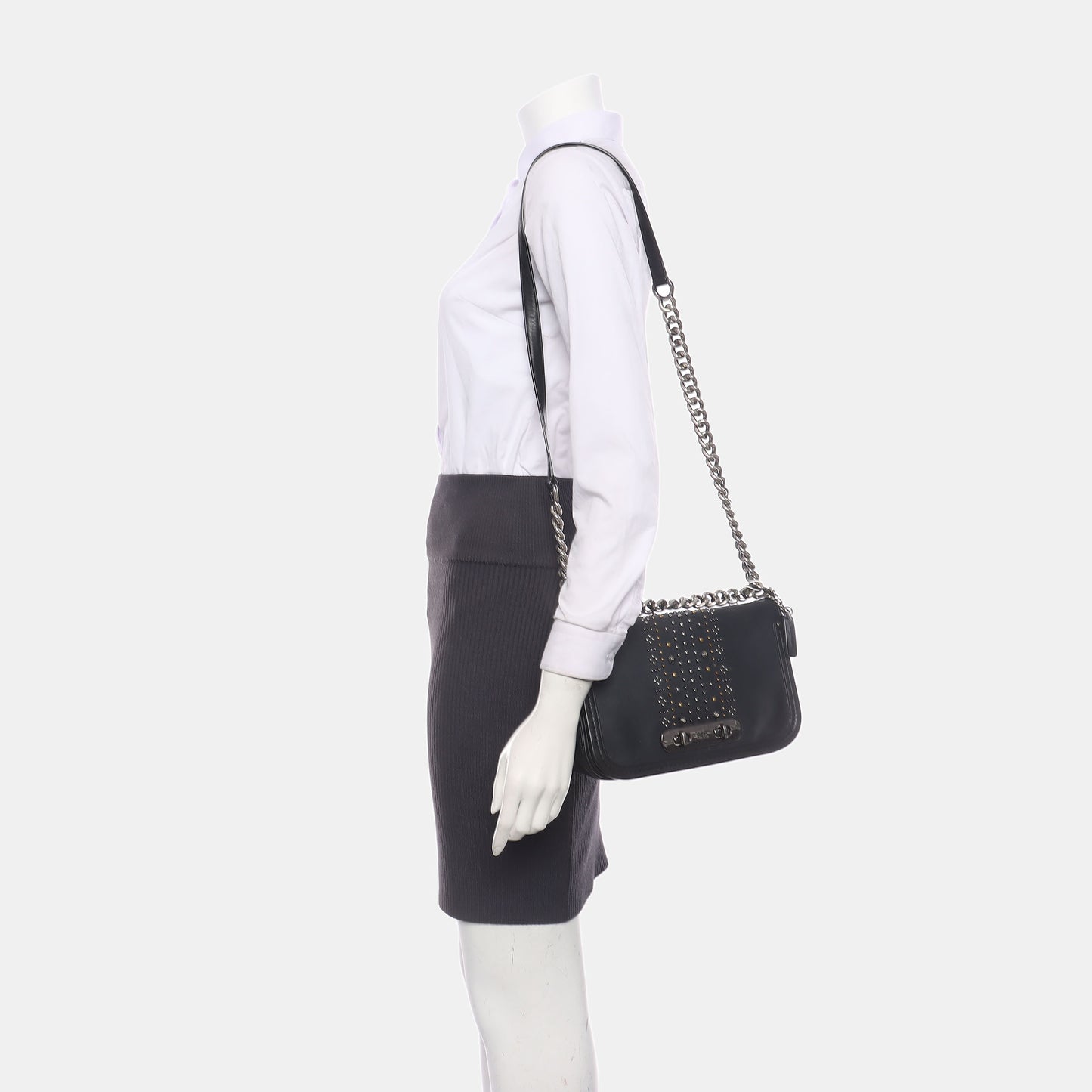 COACH SWAGGER Black Leather Studs Inlay Crossbody Bag Single Shoulder Bag Golden silver ruthenium color hardware-(SKU)-939036502