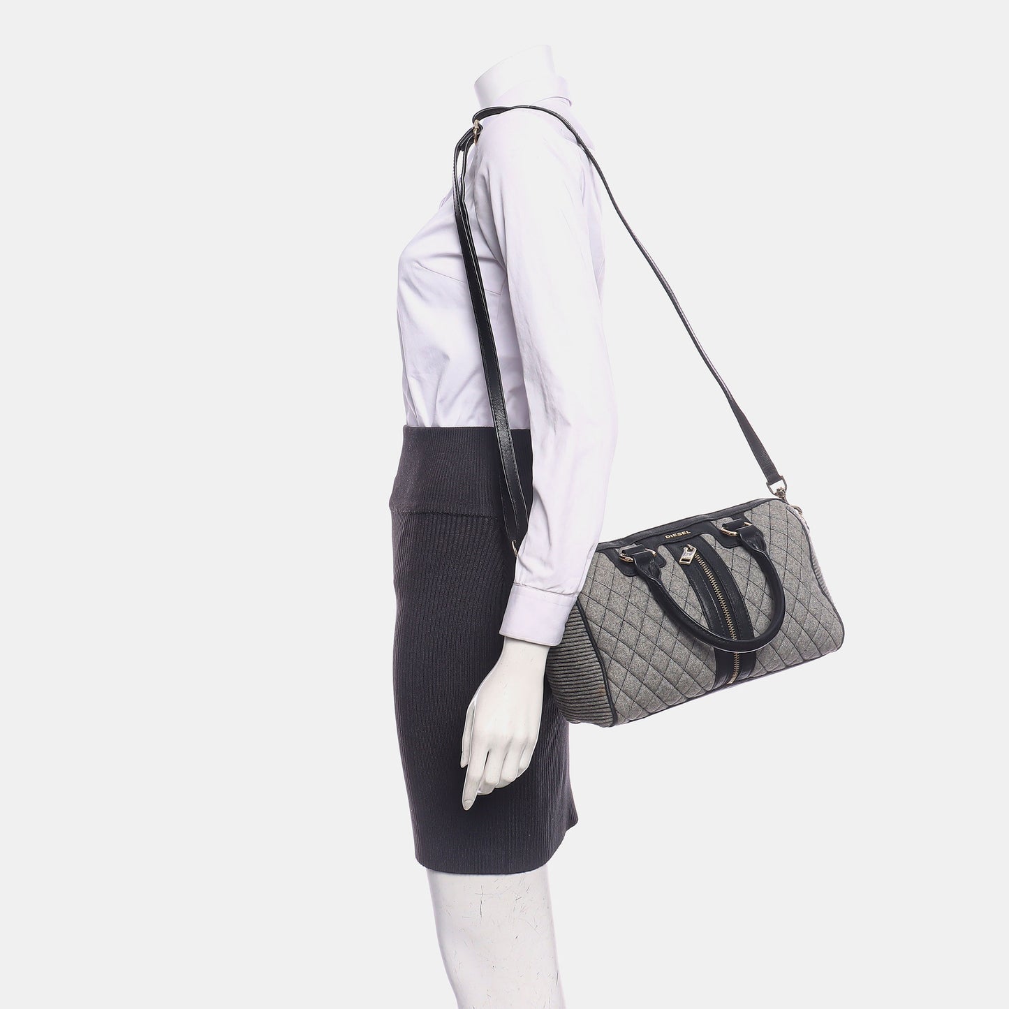 DIESEL Gray Fabric Quilted Single Shoulder Bag Golden hardware Removable shoulder strap-(SKU)-938079464